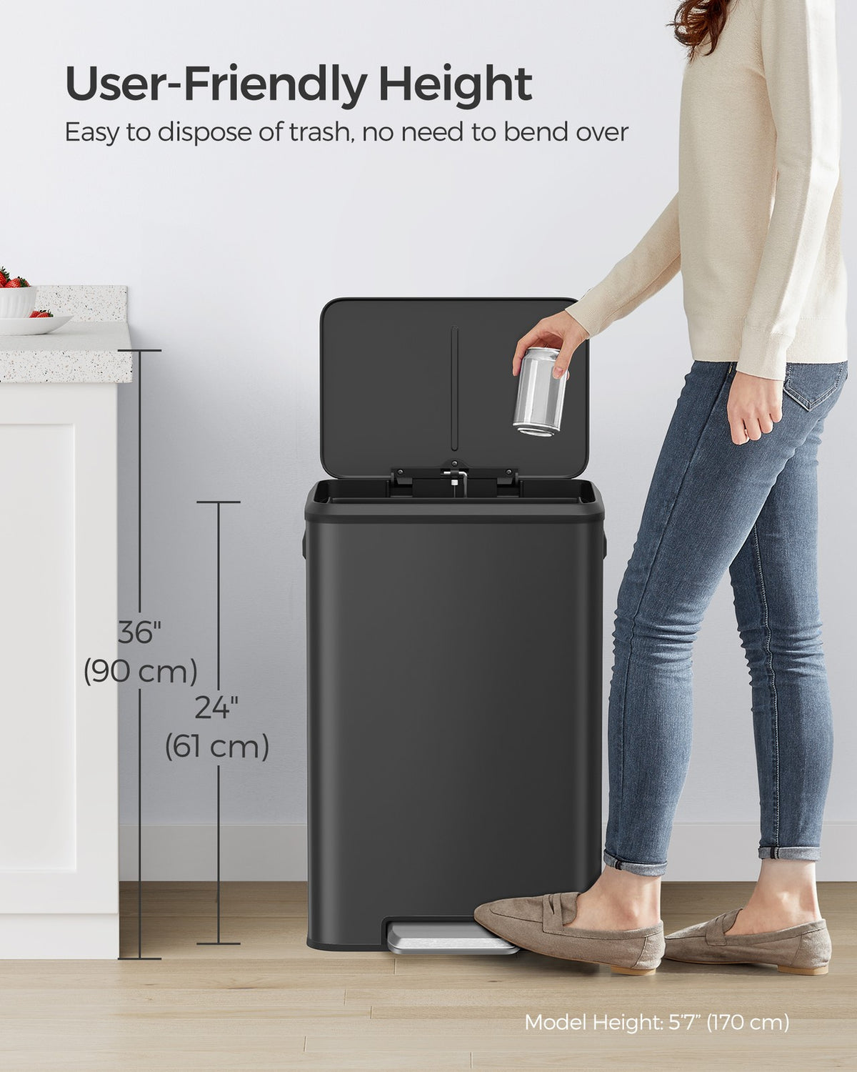 Kitchen Trash Can - 10.5-Gallon - Wide Foot Pedal - Soft-Close Lid
