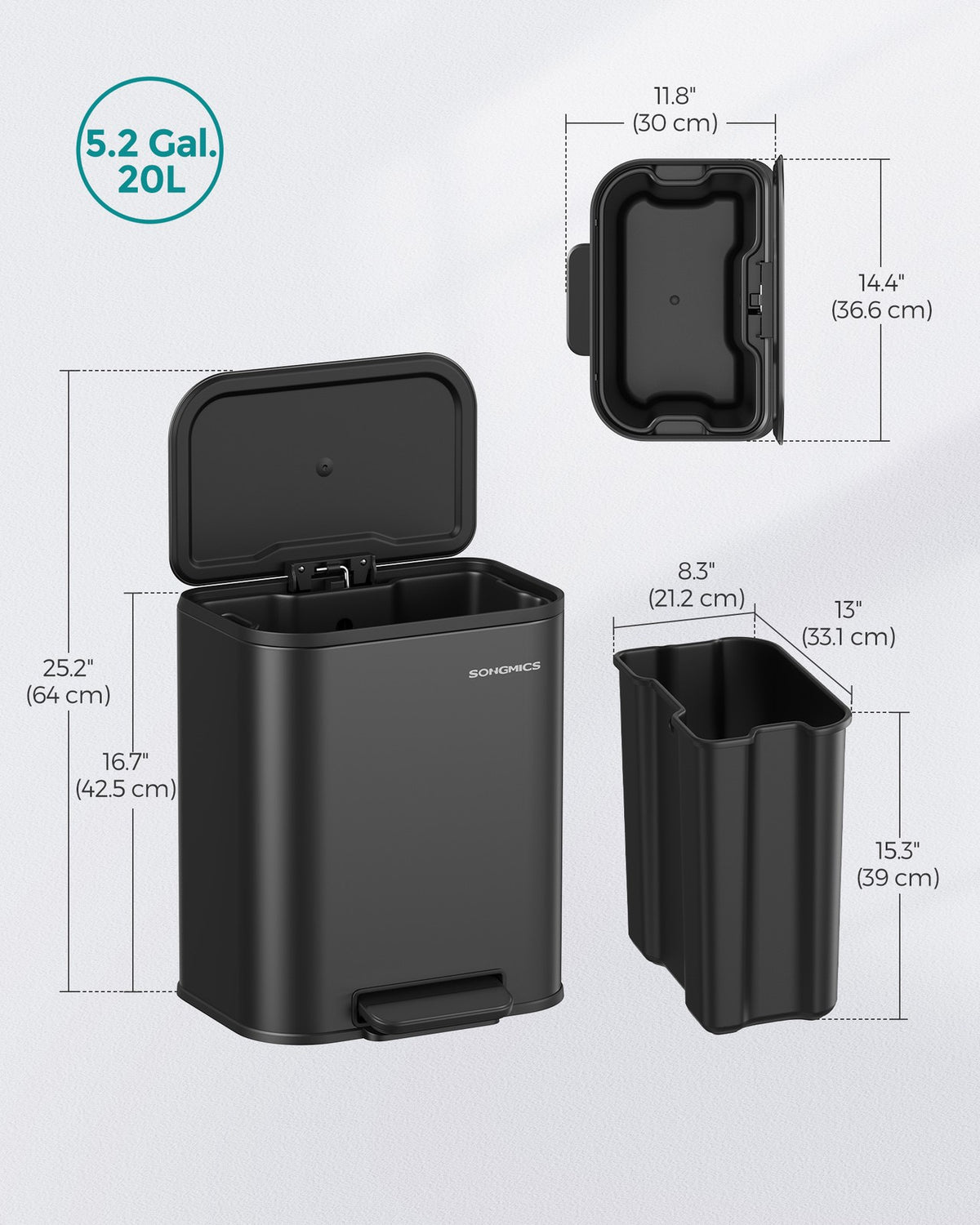 5.2-Gallon (20L) Kitchen Trash Can with Lid - Ink Black