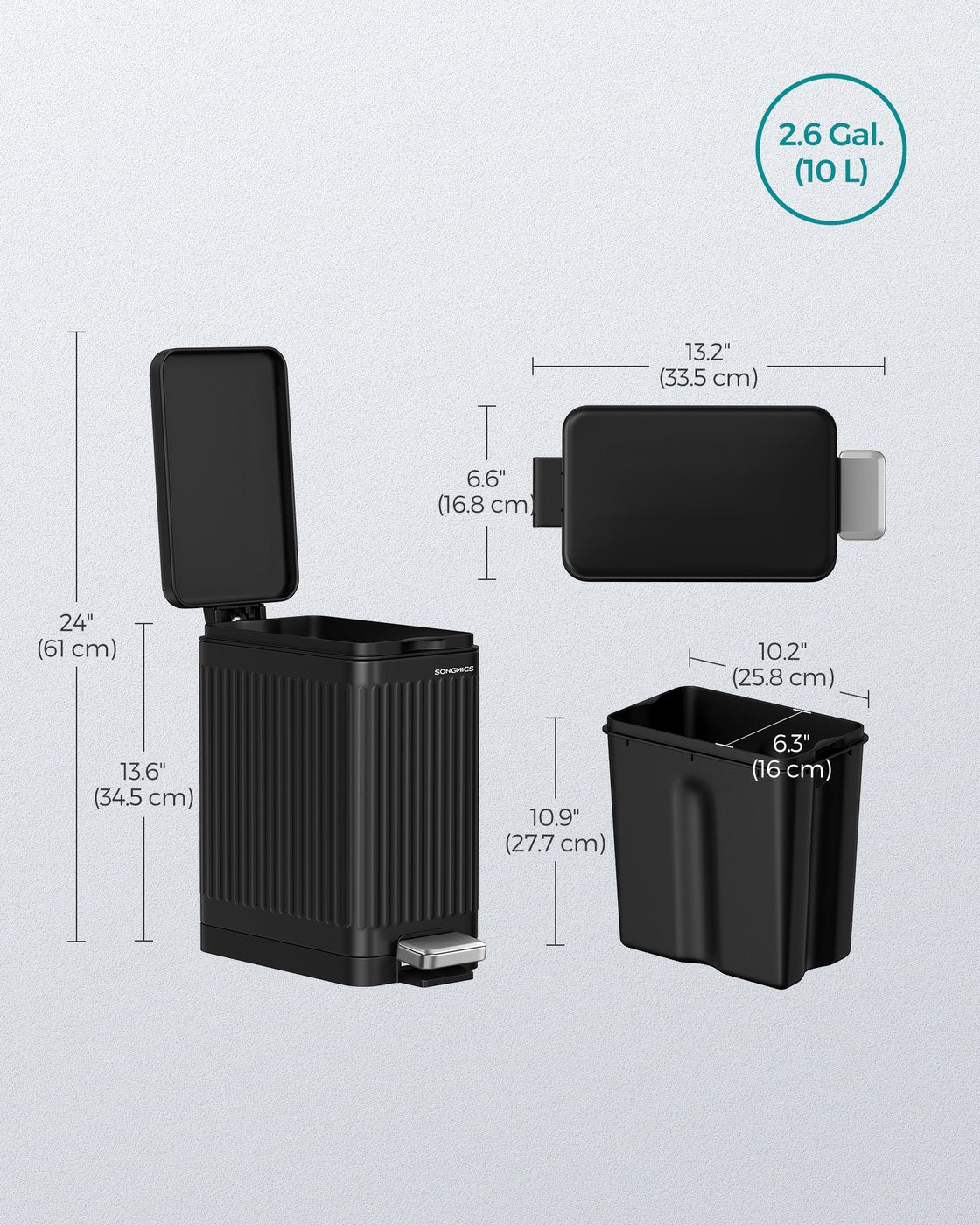 2.6-Gallon Stainless Steel Bathroom Trash Can with Lid Black - Black