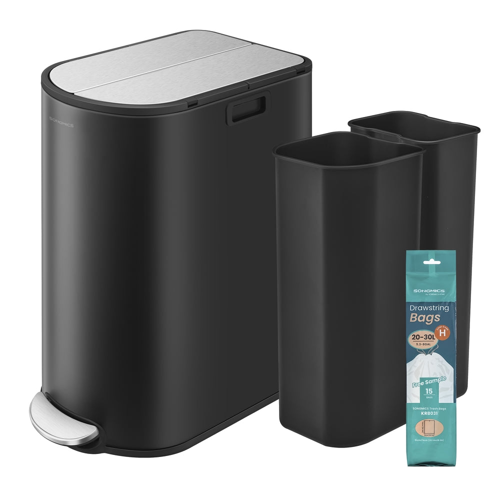 13-Gallon Dual Kitchen Trash Can with Wing Lids - Ink Black, Metallic Silver