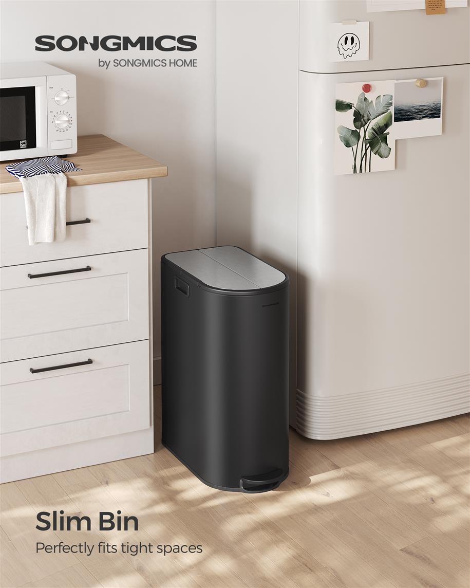 13-Gallon Dual Kitchen Trash Can with Wing Lids - Ink Black, Metallic Silver