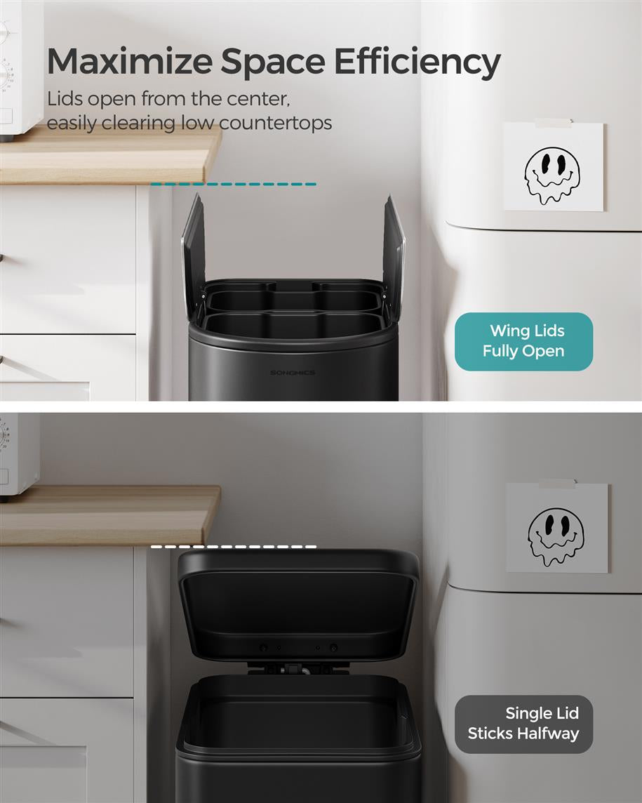 13-Gallon Dual Kitchen Trash Can with Wing Lids - Ink Black, Metallic Silver