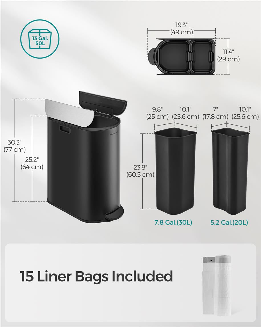13-Gallon Dual Kitchen Trash Can with Wing Lids - Ink Black, Metallic Silver