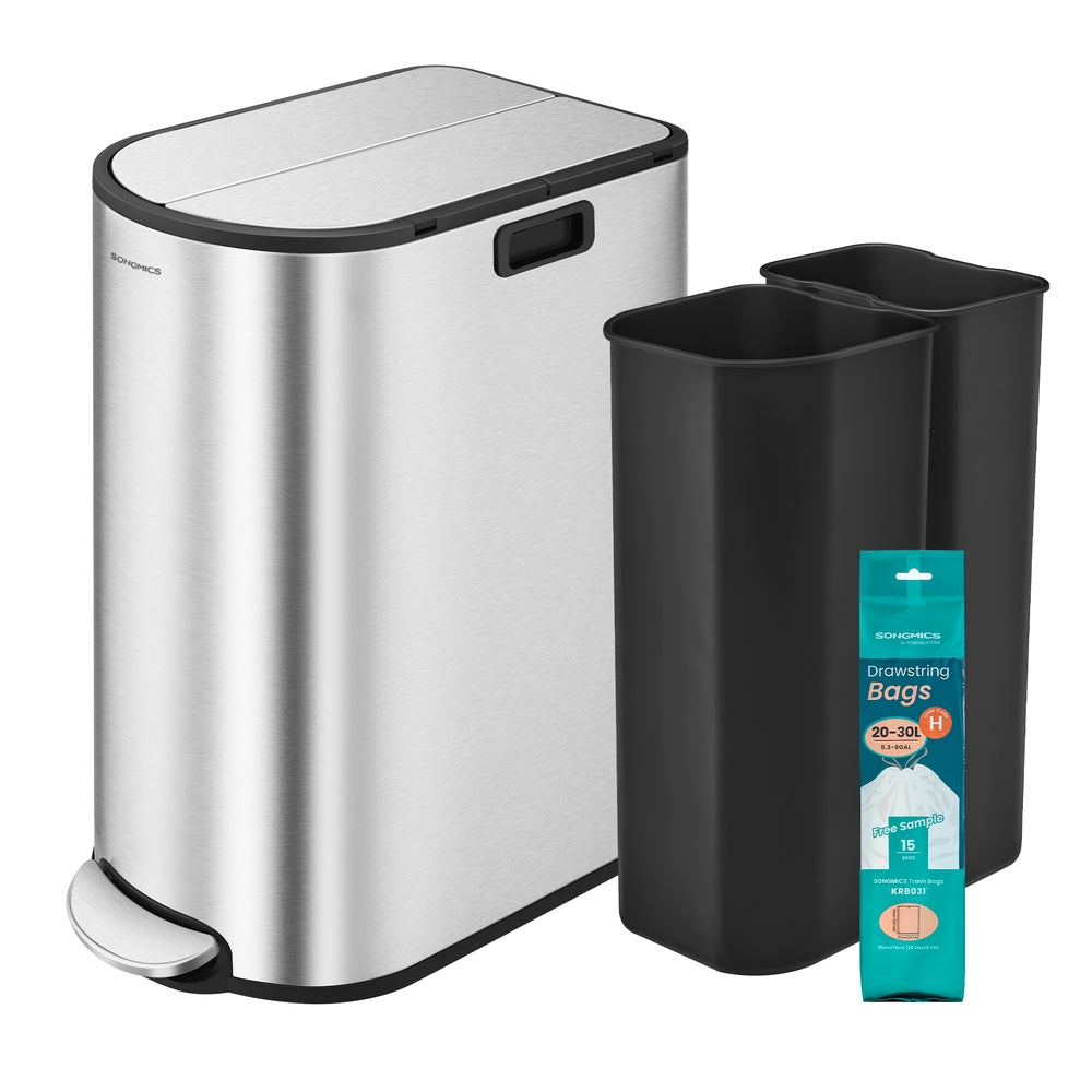13-Gallon Dual Kitchen Trash Can with Wing Lids - Metallic Silver