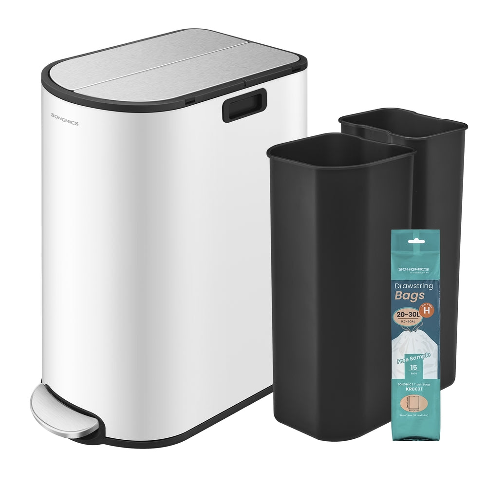 13-Gallon Dual Kitchen Trash Can with Wing Lids - Cloud White, Metallic Silver