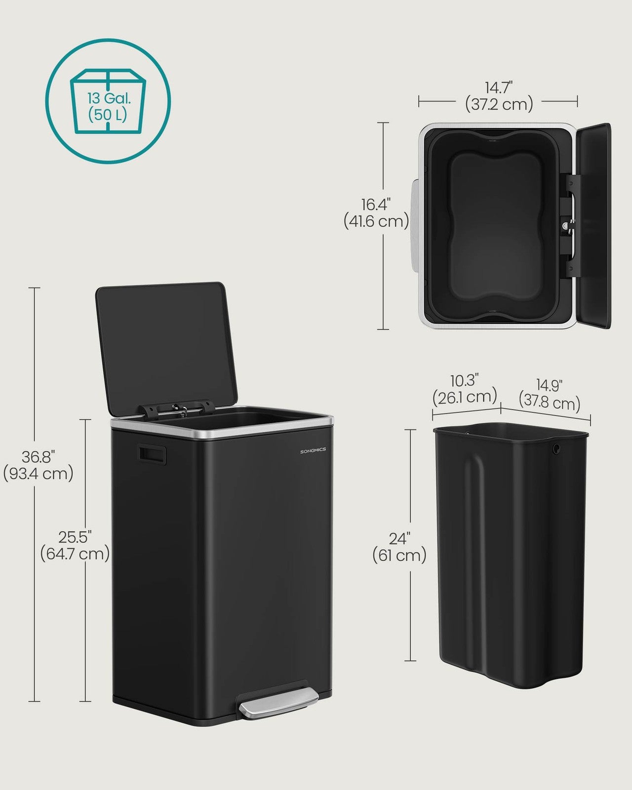 13-Gallon Trash Can with Soft-Close Lid - Ink Black