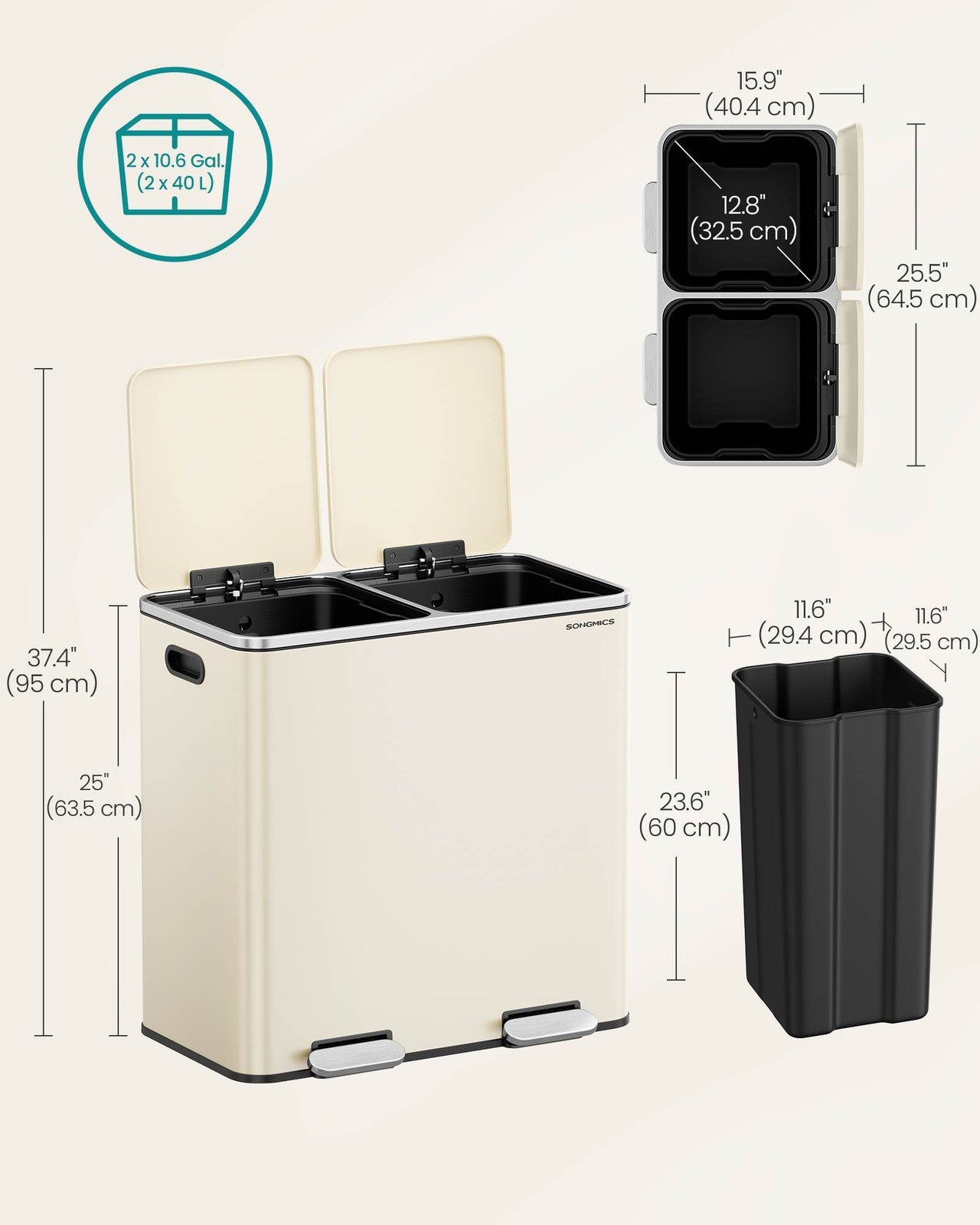 2 x 10.6 Gallon (2 x 40 L) Trash Can for Kitchen - Almond