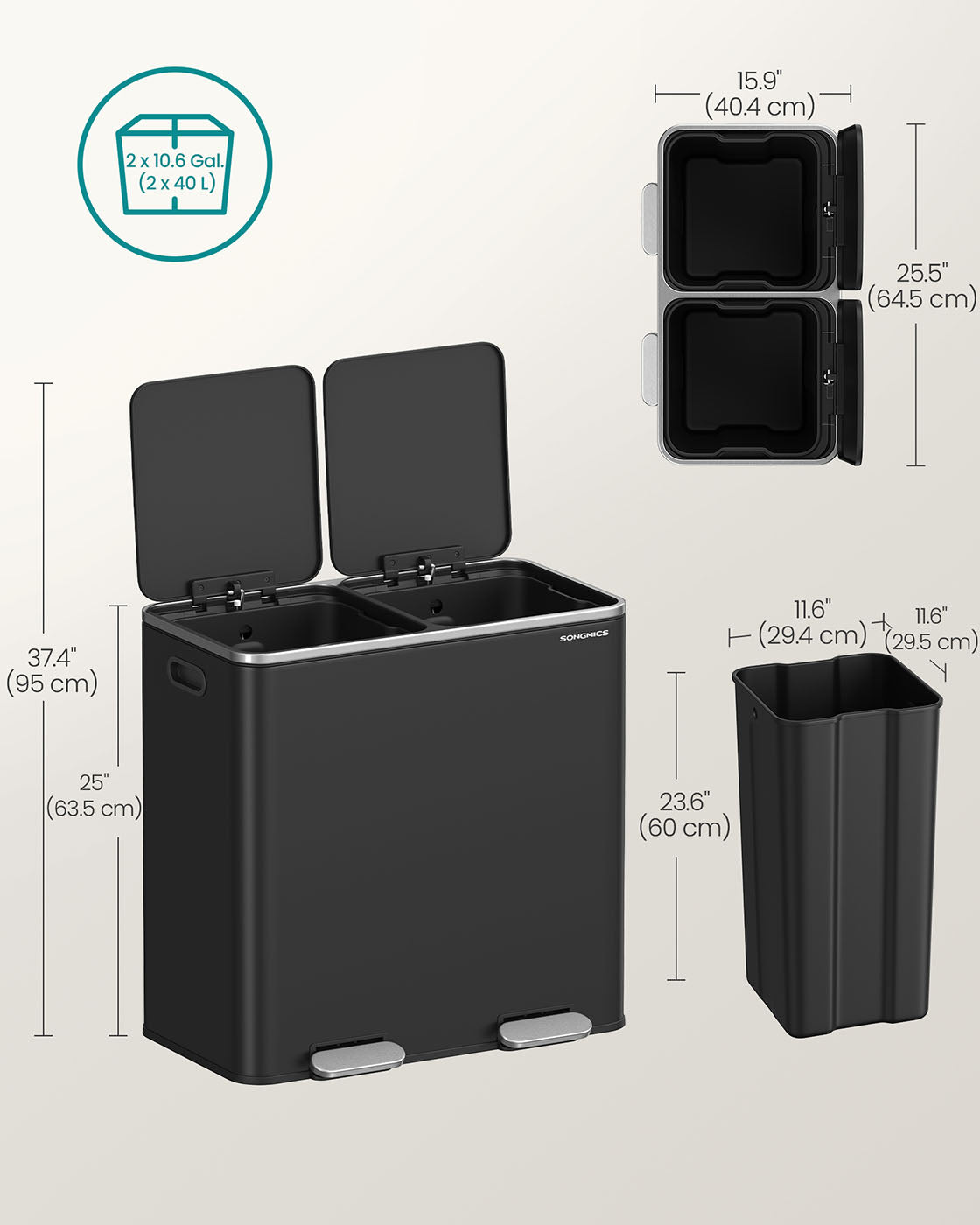Kitchen Trash Can - 2 x 10.6 Gallon - 2 Compartments