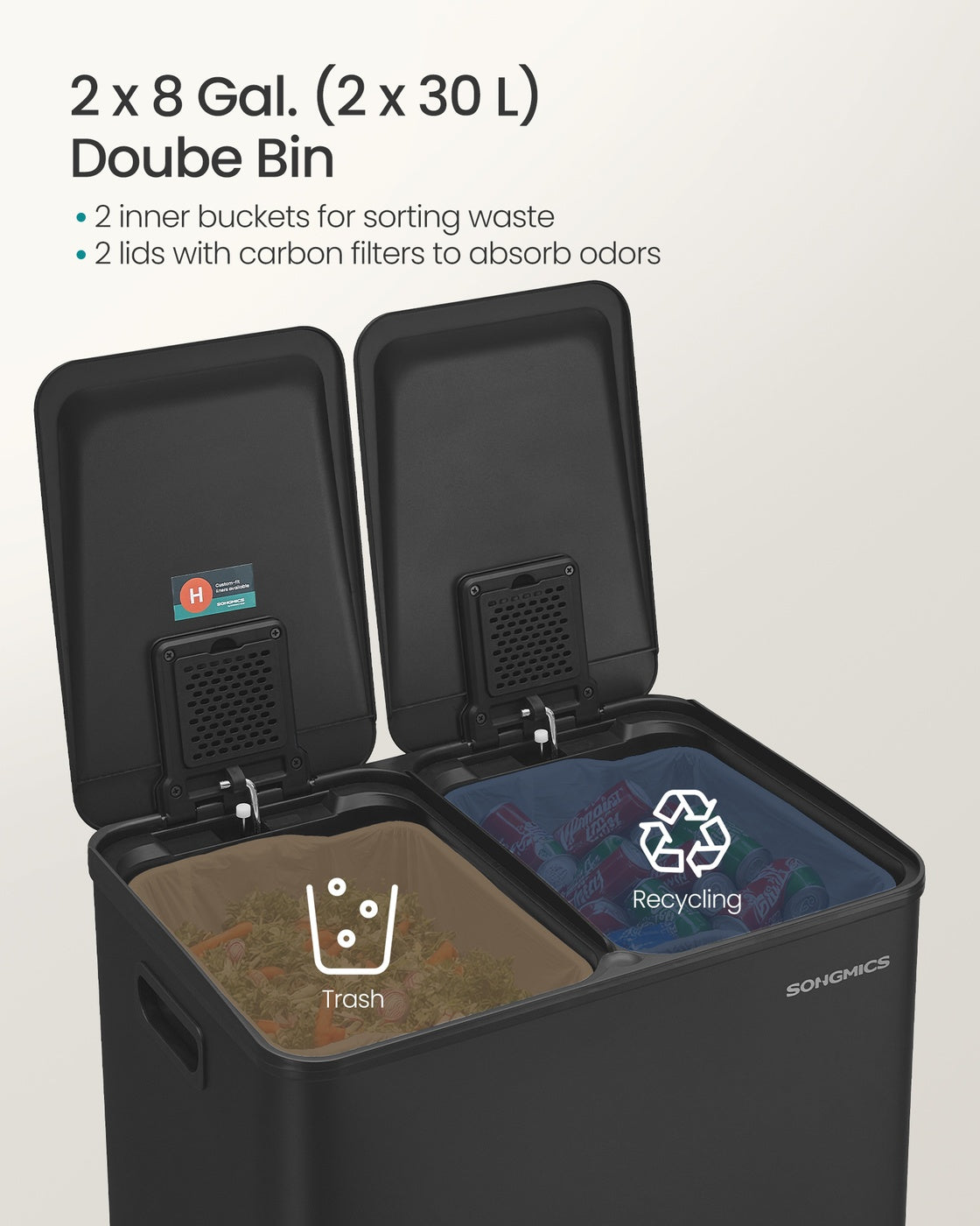 2×30L Dual Compartment Trash Can - Soft-Close - Pedal - Removable Buckets - Stainless Steel - Ink Black