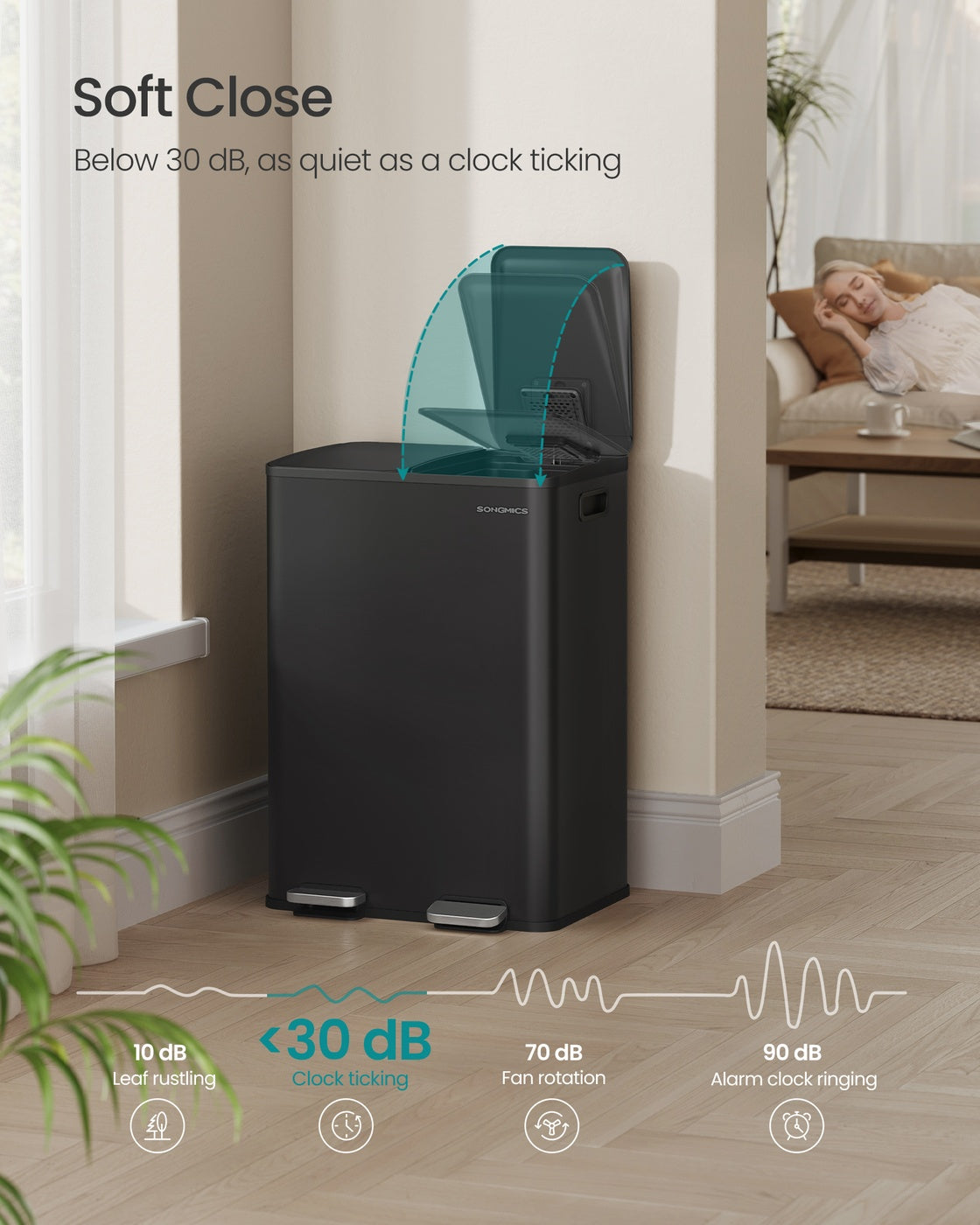 2×30L Dual Compartment Trash Can - Soft-Close - Pedal - Removable Buckets - Stainless Steel - Ink Black