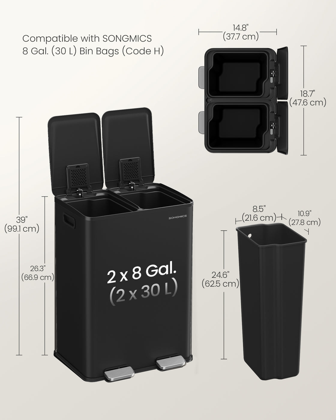2×30L Dual Compartment Trash Can - Soft-Close - Pedal - Removable Buckets - Stainless Steel - Ink Black
