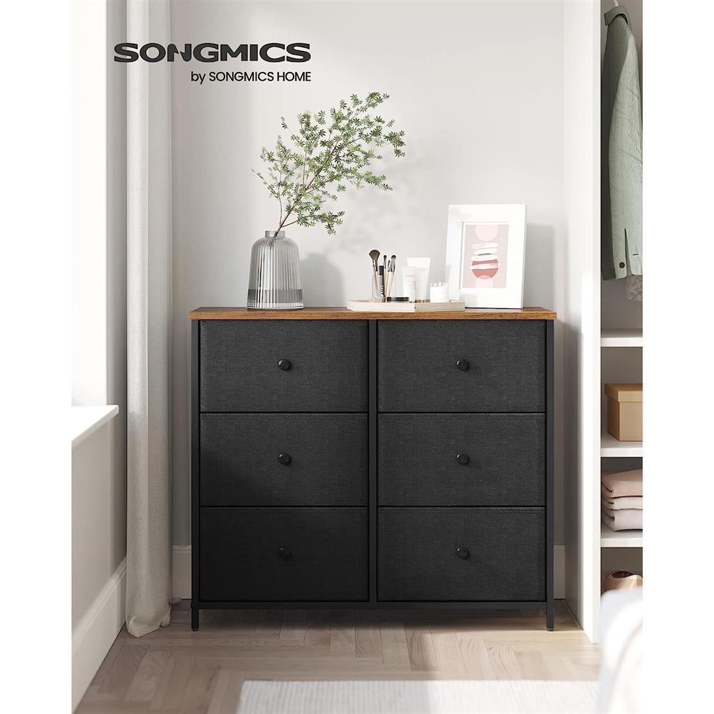 6 Drawer Chest with Metal Frame - Black, Rustic Brown