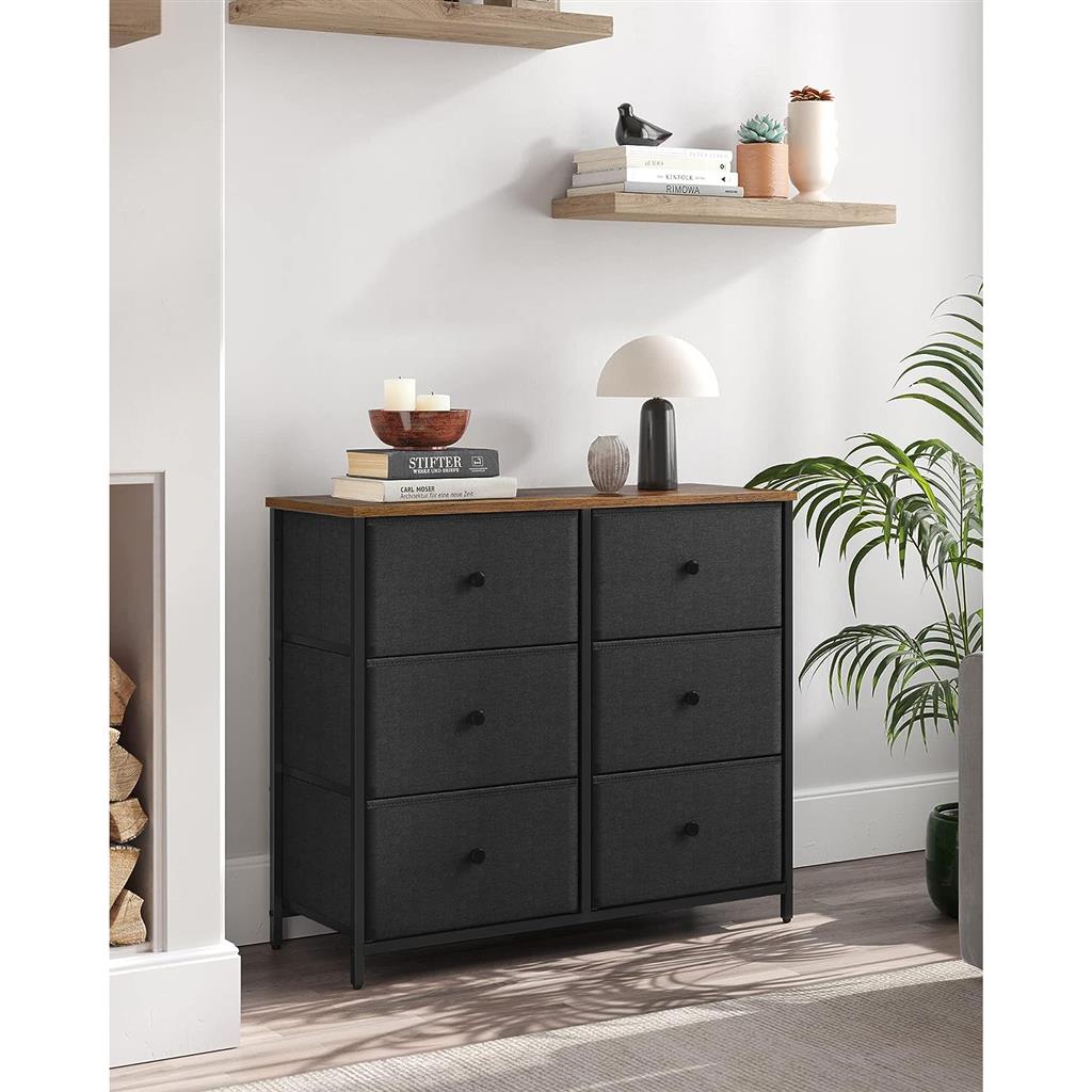 6 Drawer Chest with Metal Frame - Black, Rustic Brown