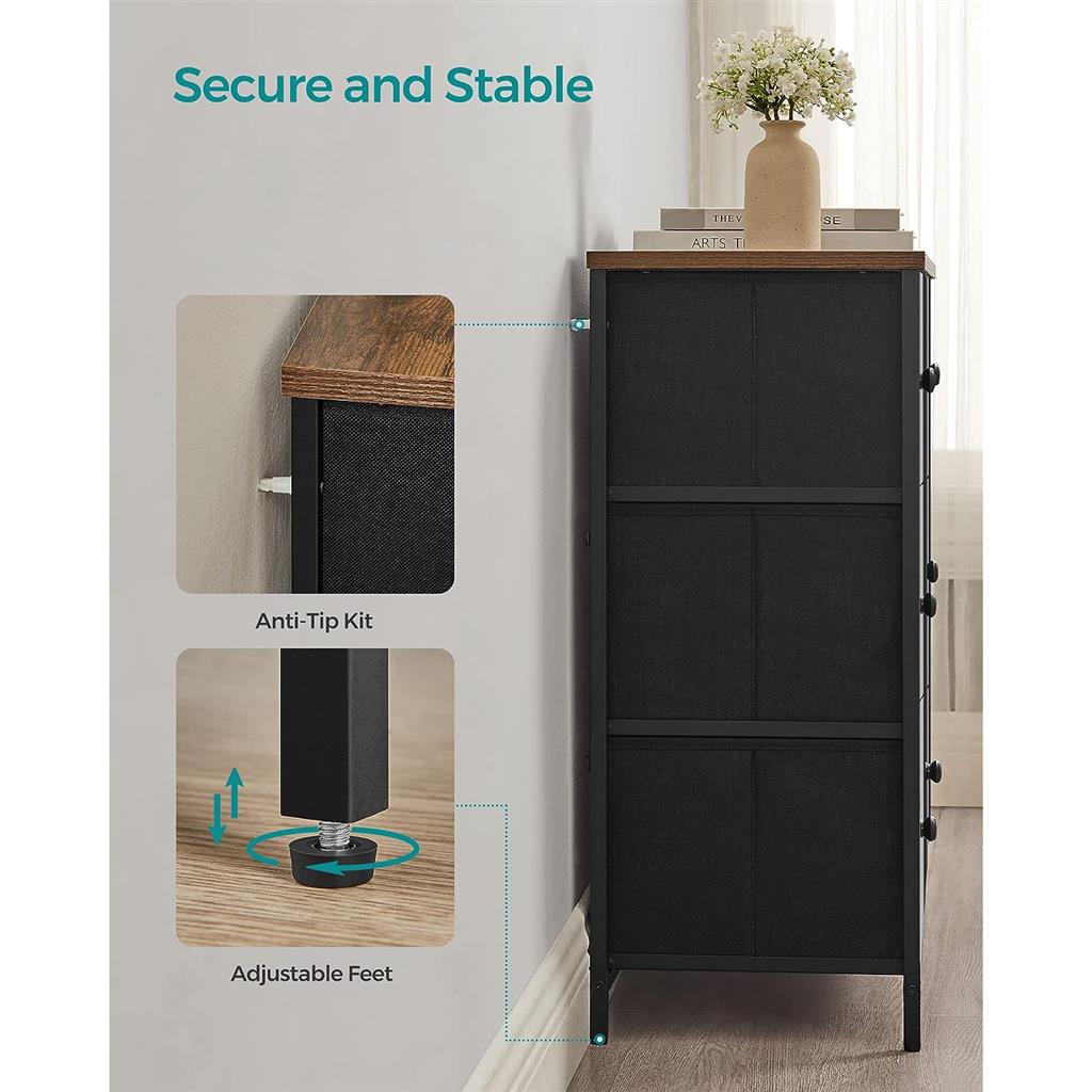 6 Drawer Chest with Metal Frame - Black, Rustic Brown