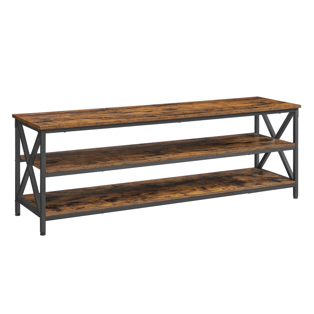 TV Stand - TV Table for Up to 65 Inches TVs - Media TV Console with Shelves - 3-Tier Storage - Farmhouse Industrial with X-Shape Steel Frame - Rustic Brown and Black