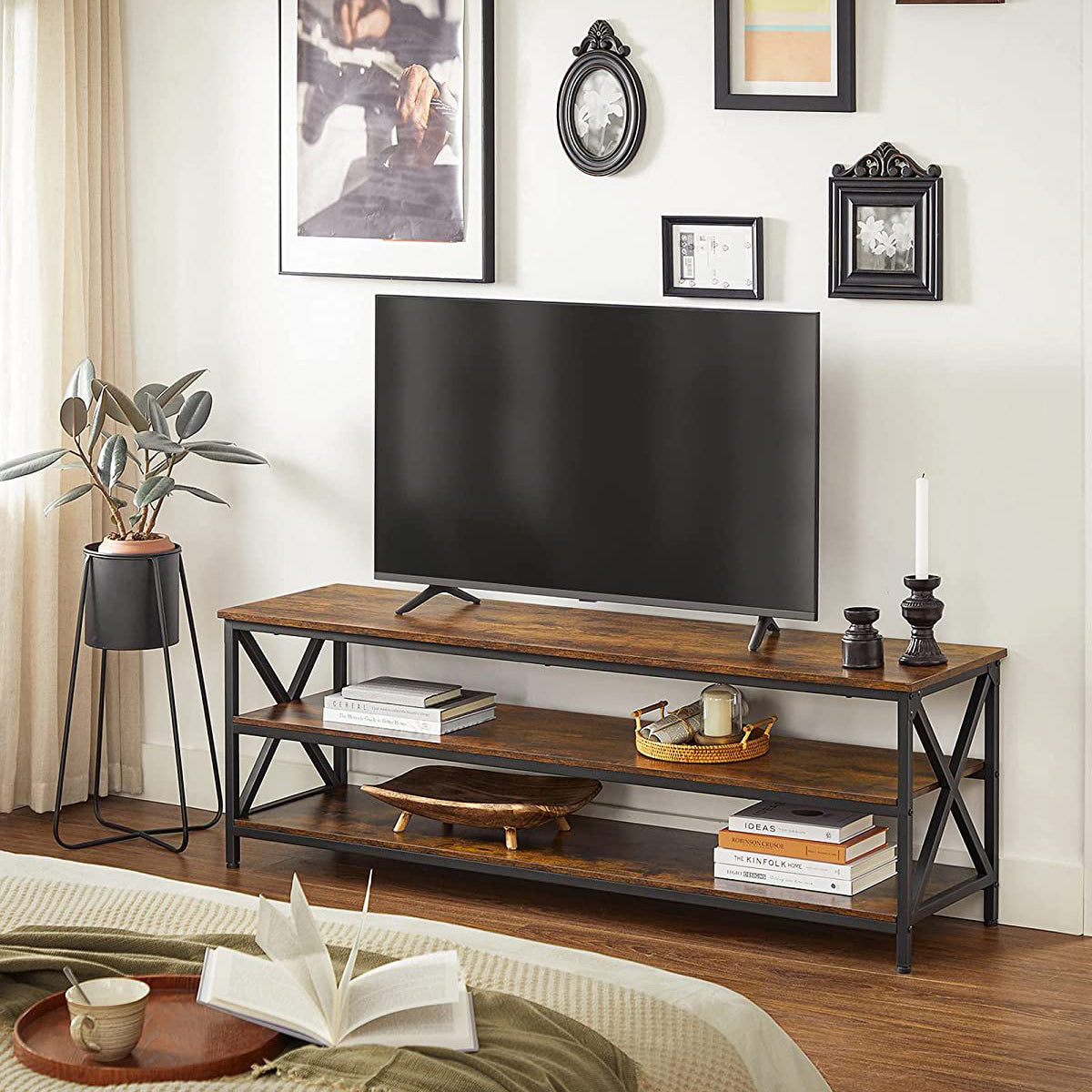 TV Stand - TV Table for Up to 65 Inches TVs - Media TV Console with Shelves - 3-Tier Storage - Farmhouse Industrial with X-Shape Steel Frame - Rustic Brown and Black