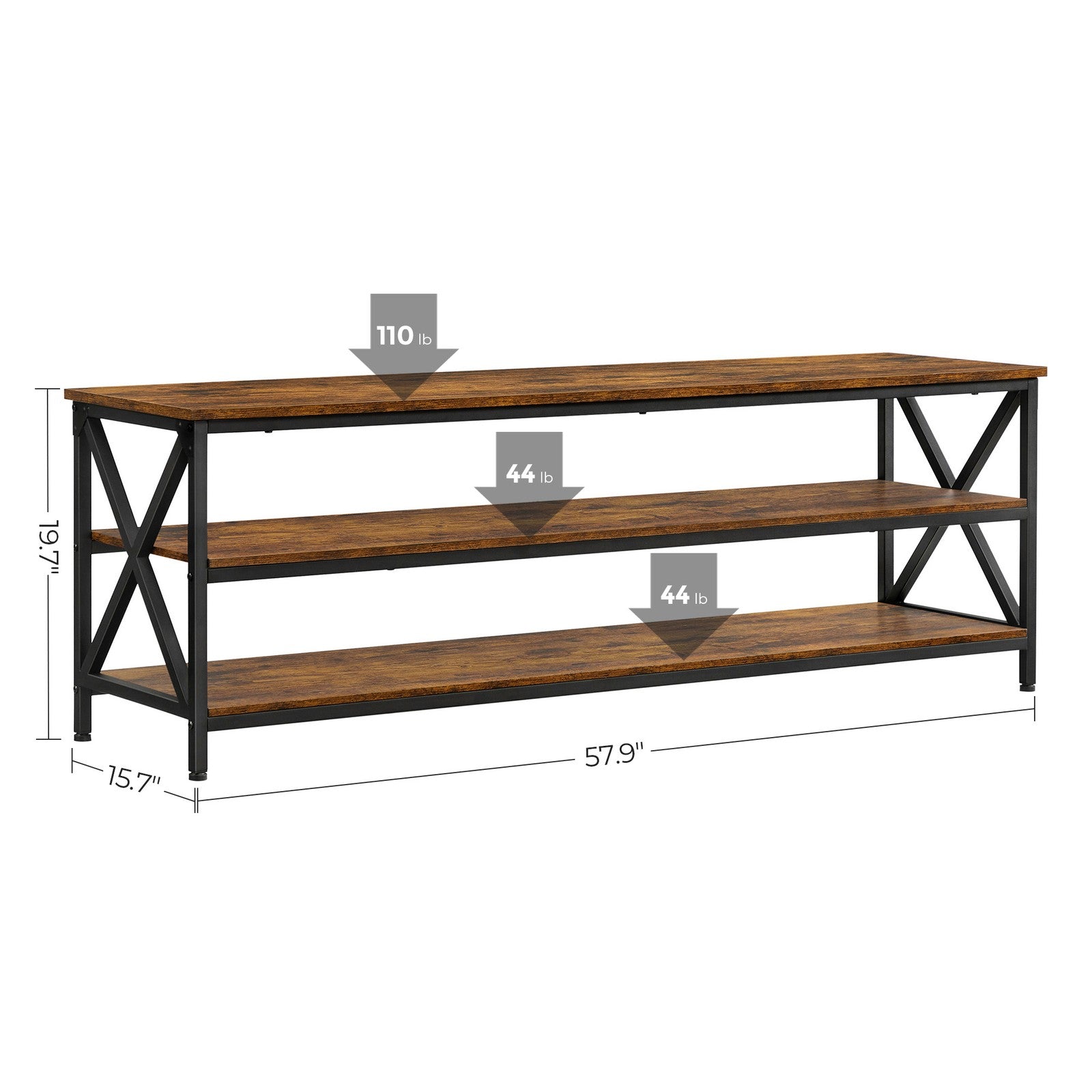 TV Stand - TV Table for Up to 65 Inches TVs - Media TV Console with Shelves - 3-Tier Storage - Farmhouse Industrial with X-Shape Steel Frame - Rustic Brown and Black