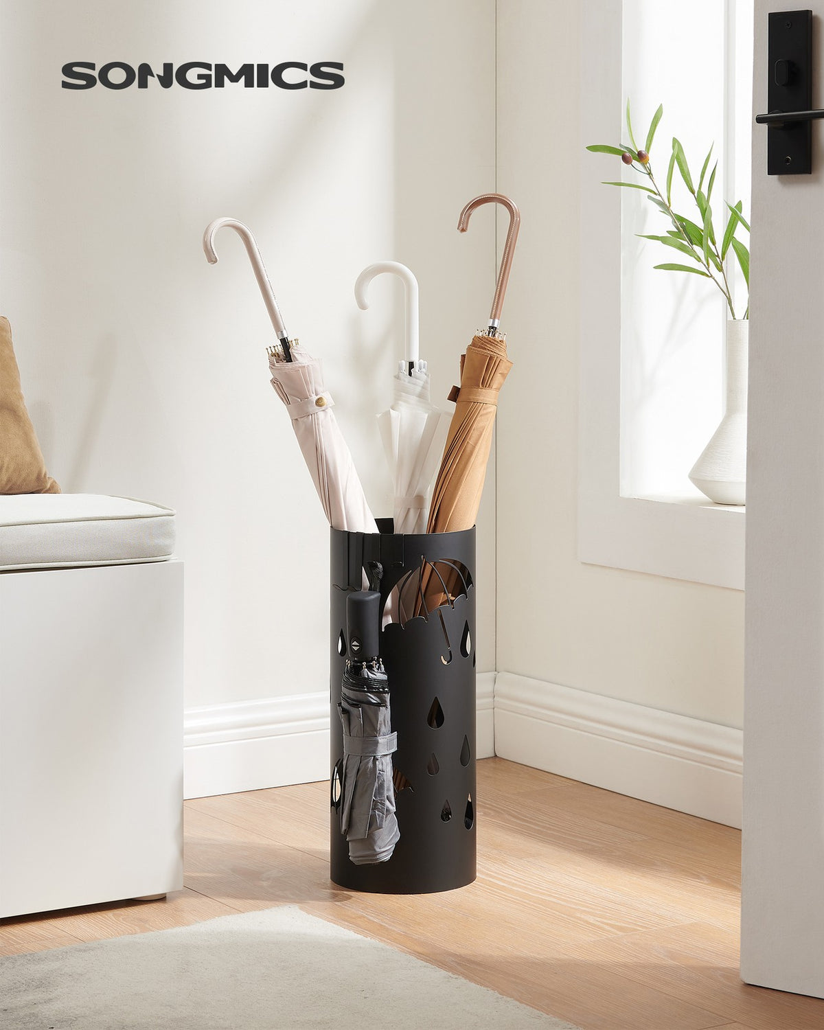 Metal Umbrella Holder with Water Tray and 4 Hooks - Black