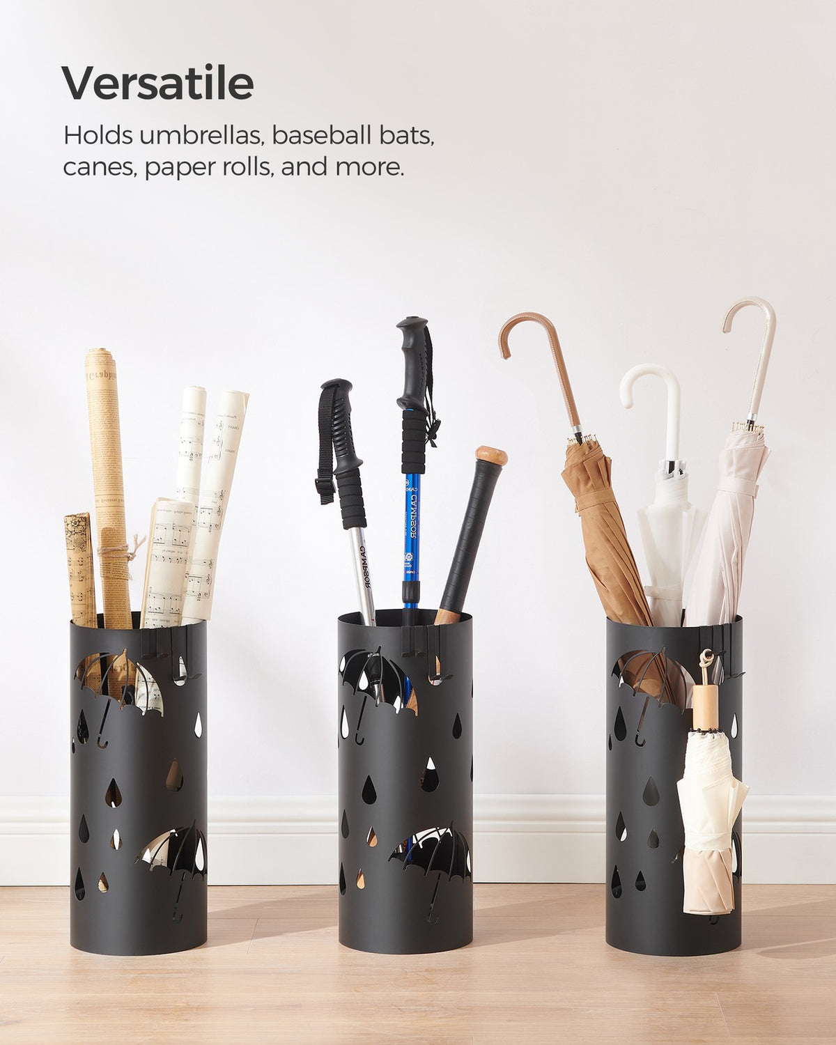 Metal Umbrella Holder with Water Tray and 4 Hooks - Black