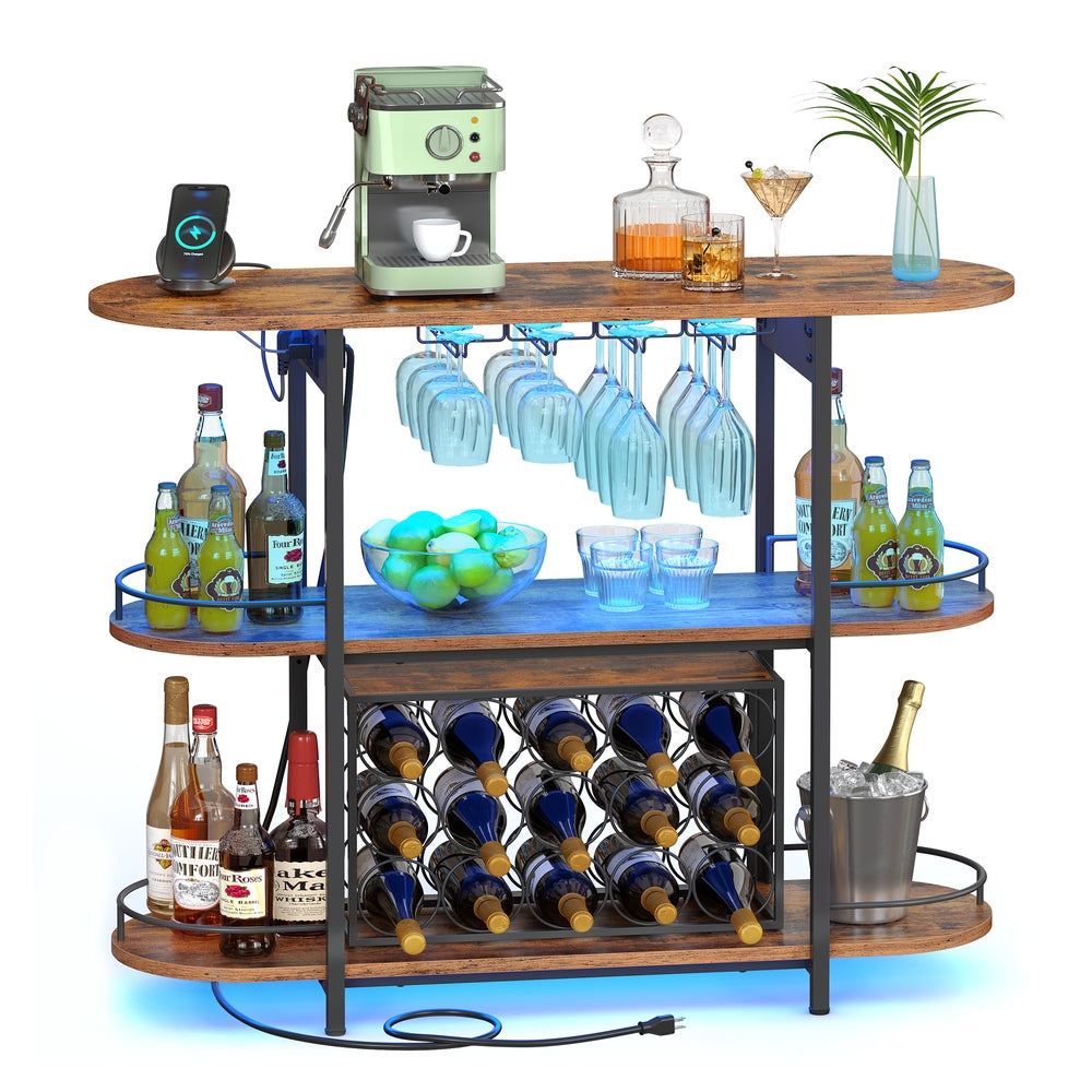 Bar Cabinet with LED Lights and Power Outlets - Rustic Brown