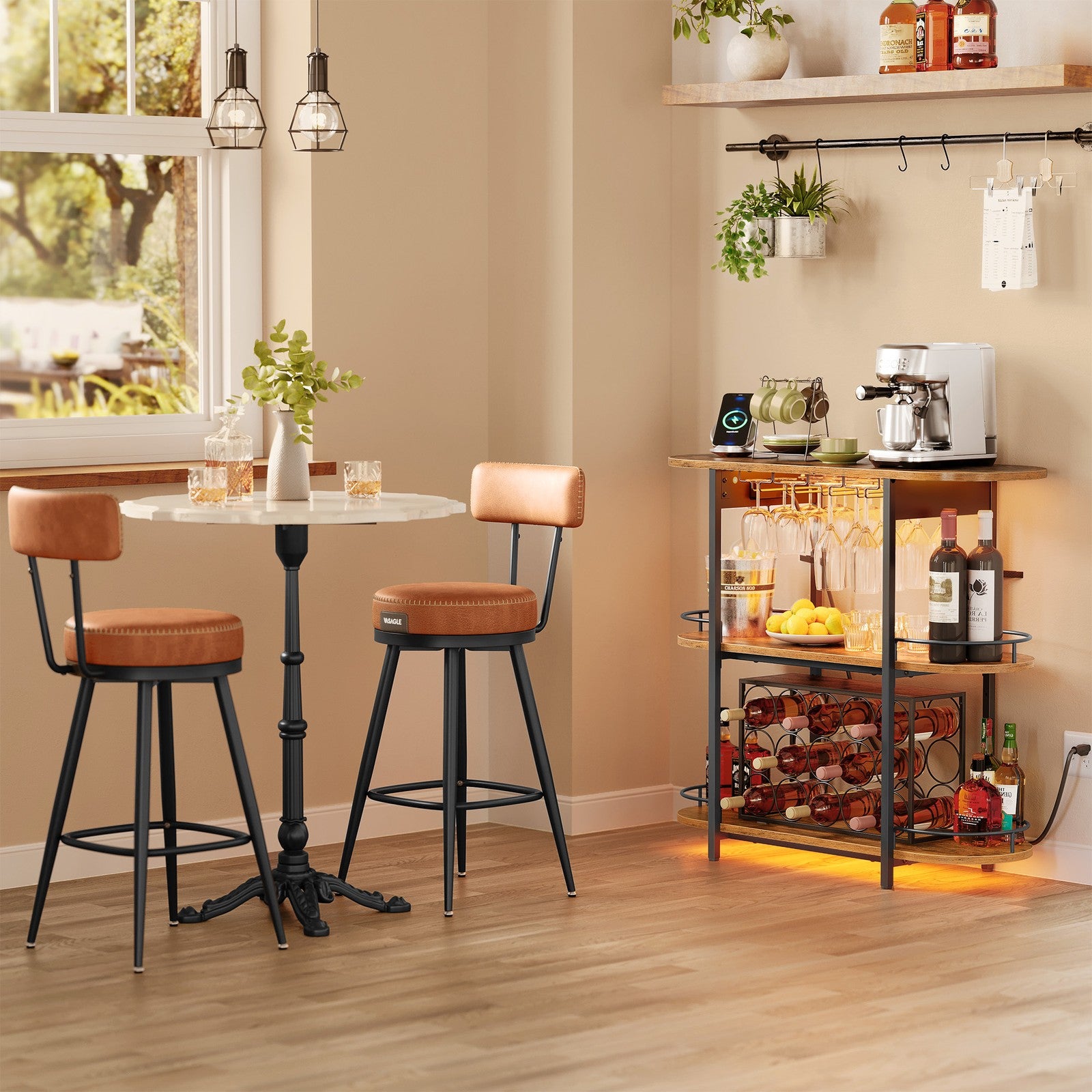 Bar Cabinet with LED Lights and Power Outlets - Rustic Brown