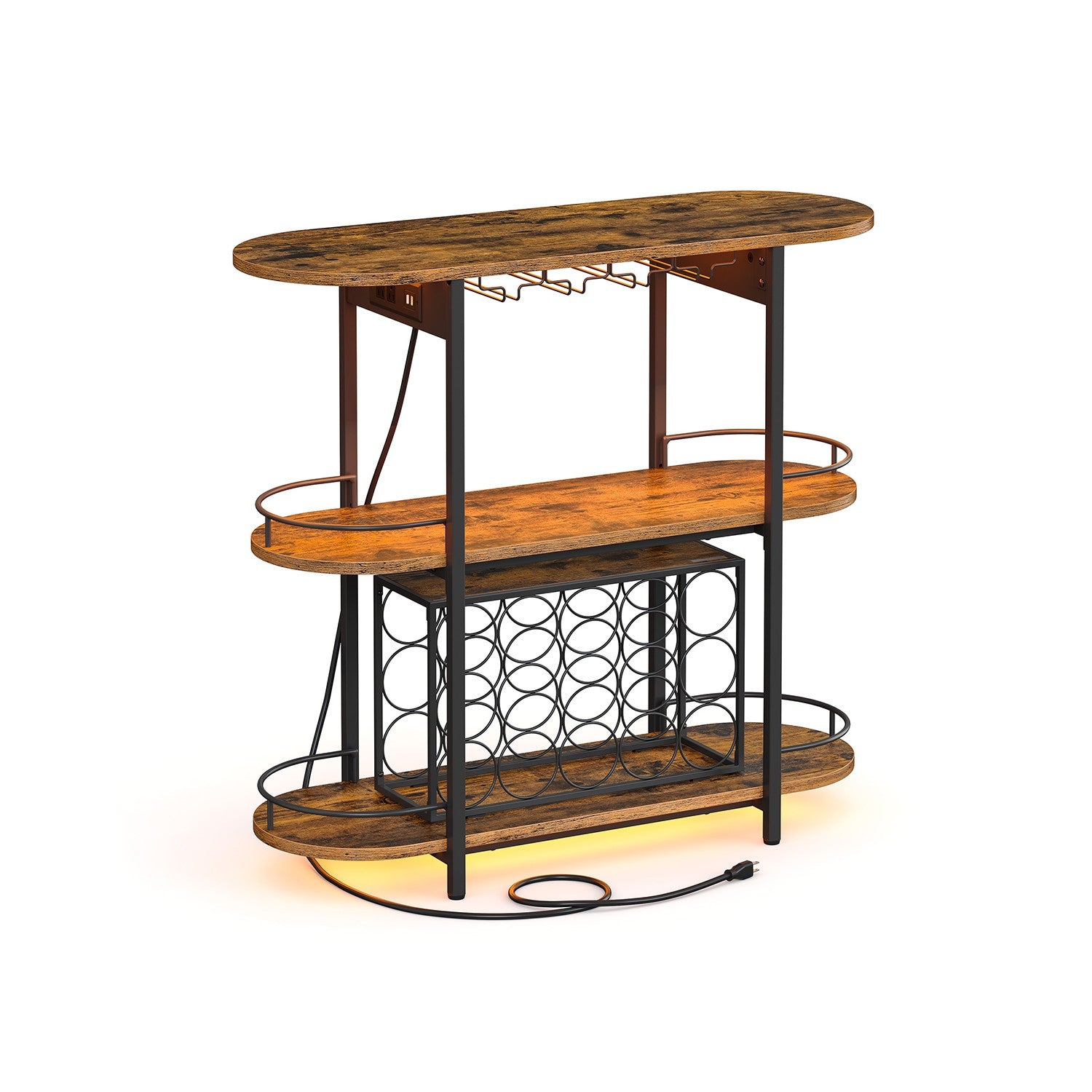 Bar Cabinet with LED Lights and Power Outlets - Rustic Brown