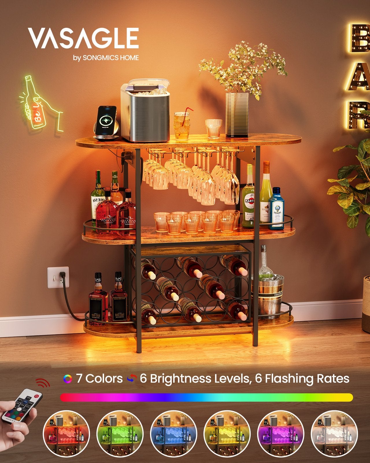 Bar Cabinet with LED Lights and Power Outlets - Rustic Brown