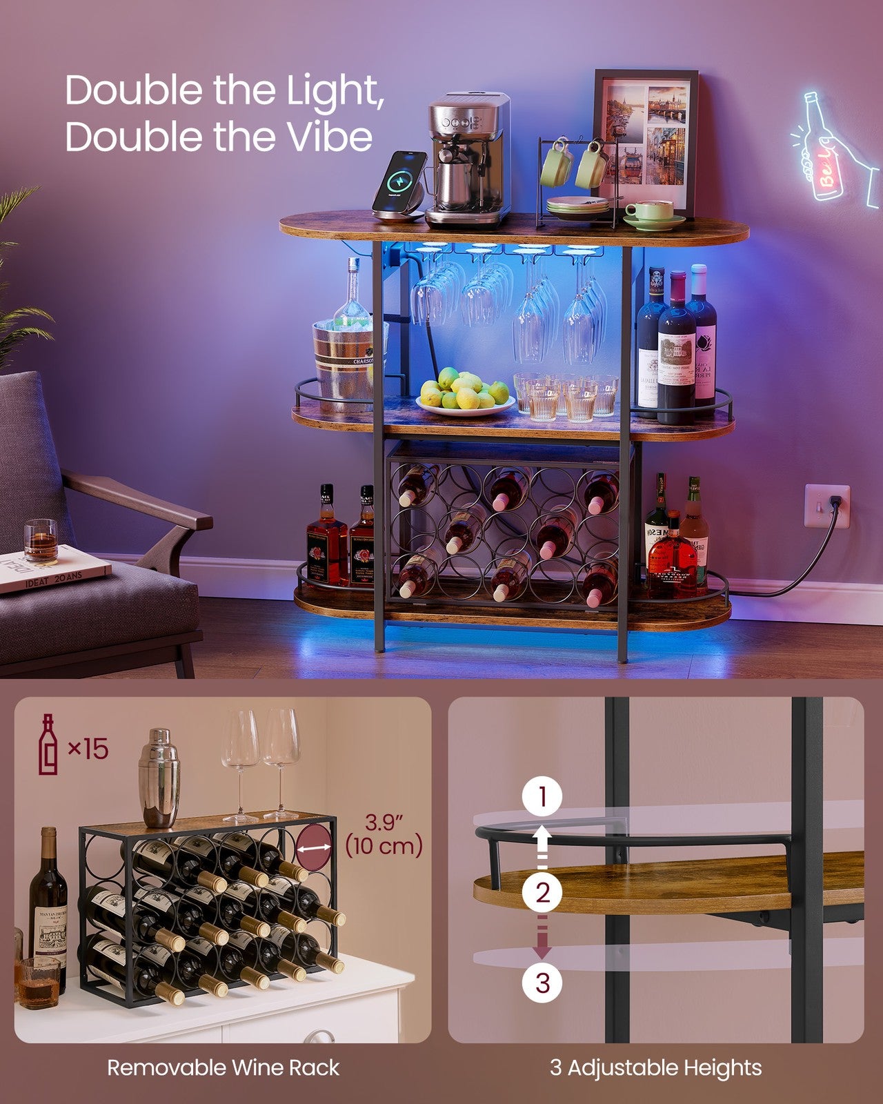 Bar Cabinet with LED Lights and Power Outlets - Rustic Brown
