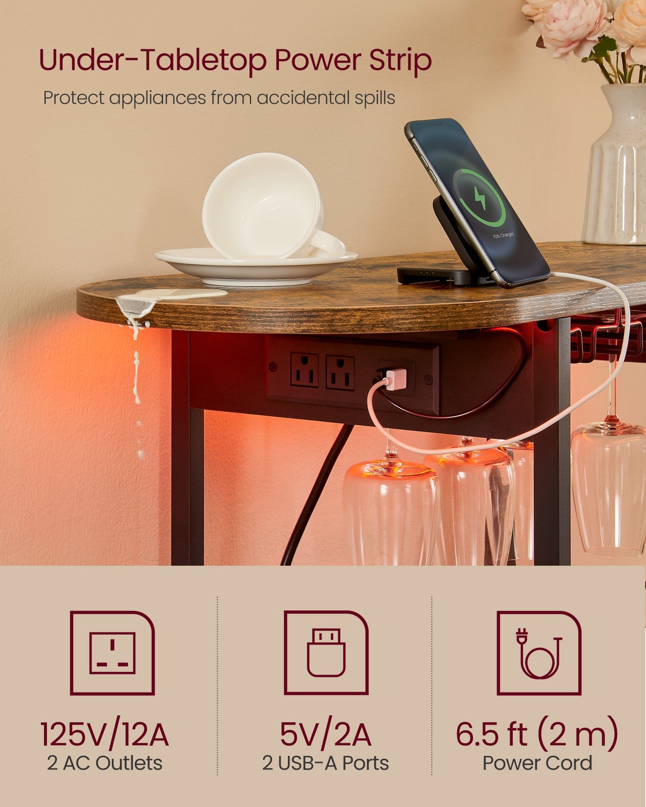 Bar Cabinet with LED Lights and Power Outlets - Rustic Brown