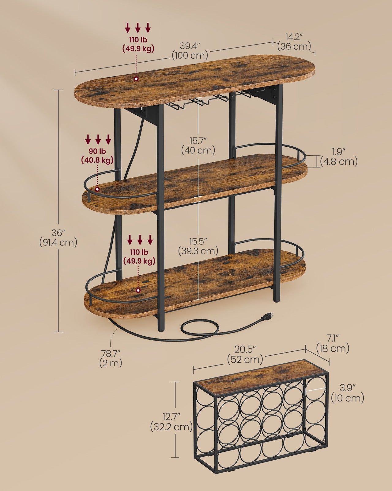 Bar Cabinet with LED Lights and Power Outlets - Rustic Brown