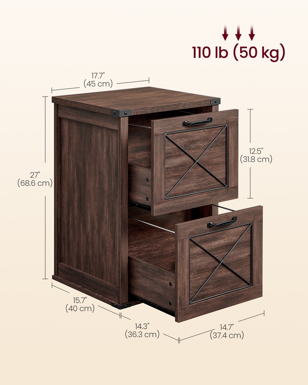 Filing Cabinet with 2 File Drawers - Maroon Brown