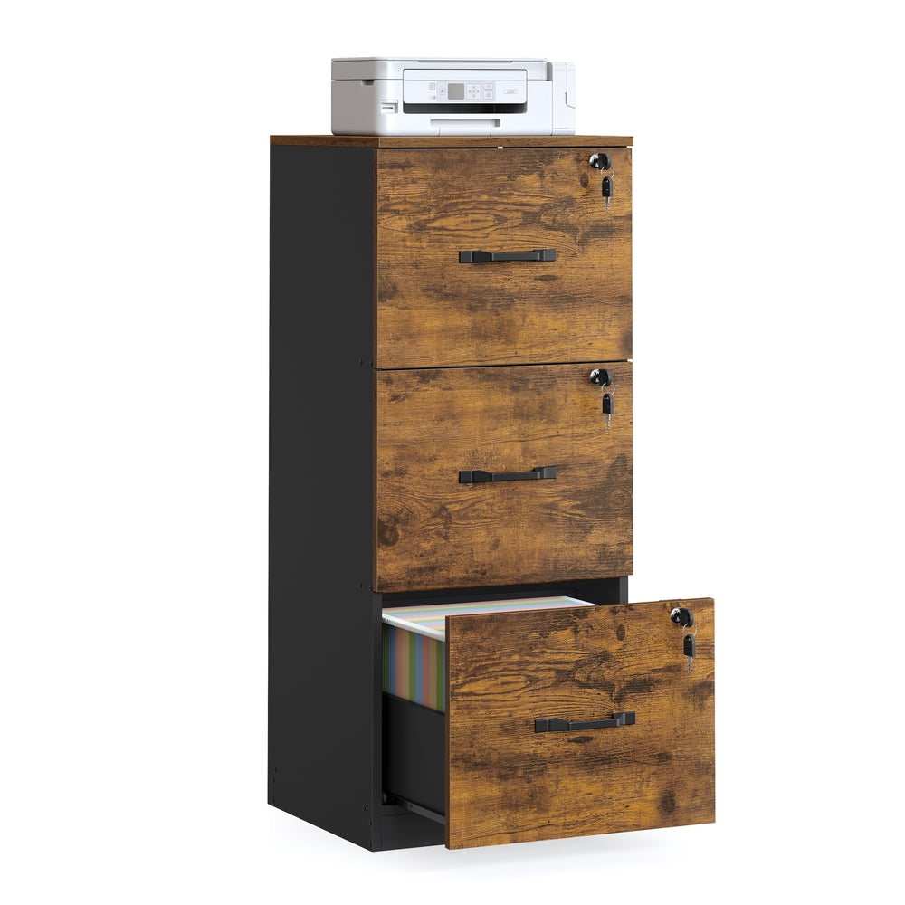 3-Drawer Vertical Lockable File Cabinet with Drawers - Rustic Brown, Black