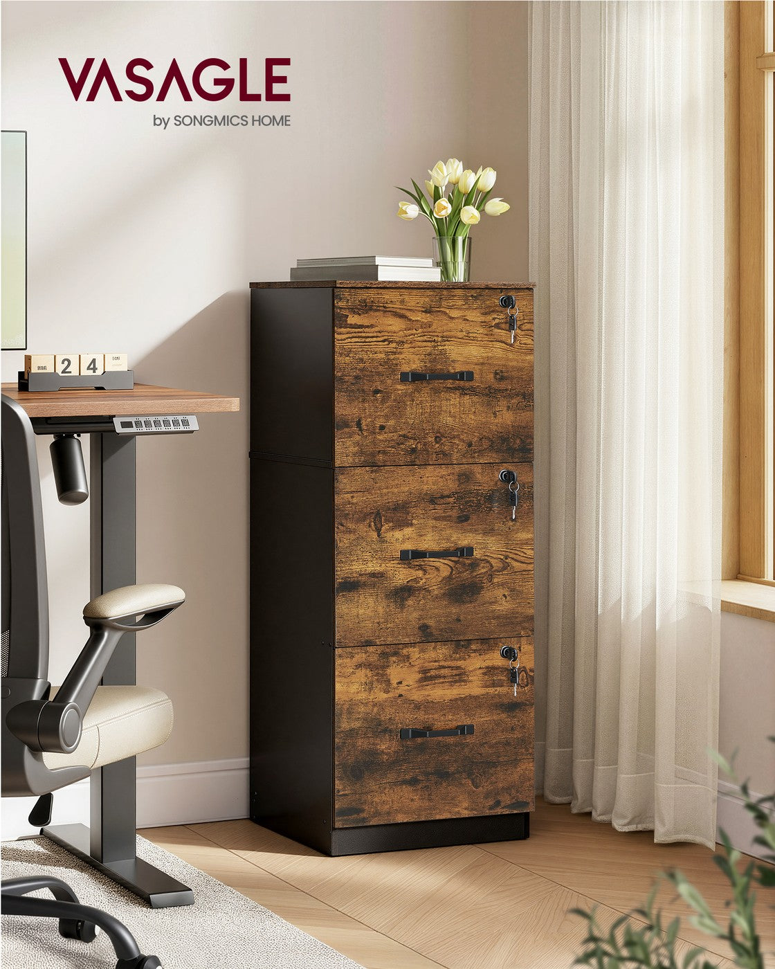 3-Drawer Vertical Lockable File Cabinet with Drawers - Rustic Brown, Black