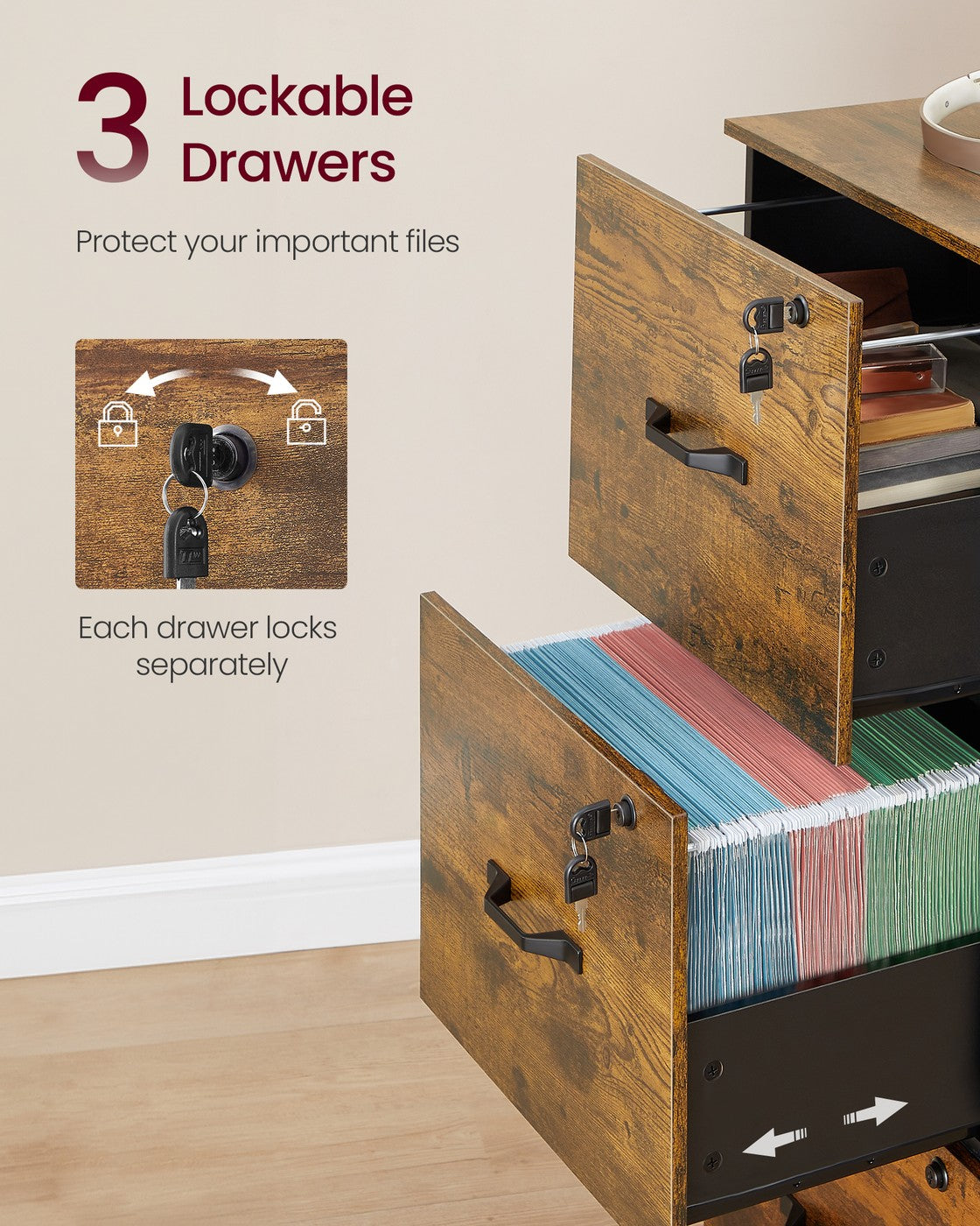 3-Drawer Vertical Lockable File Cabinet with Drawers - Rustic Brown, Black