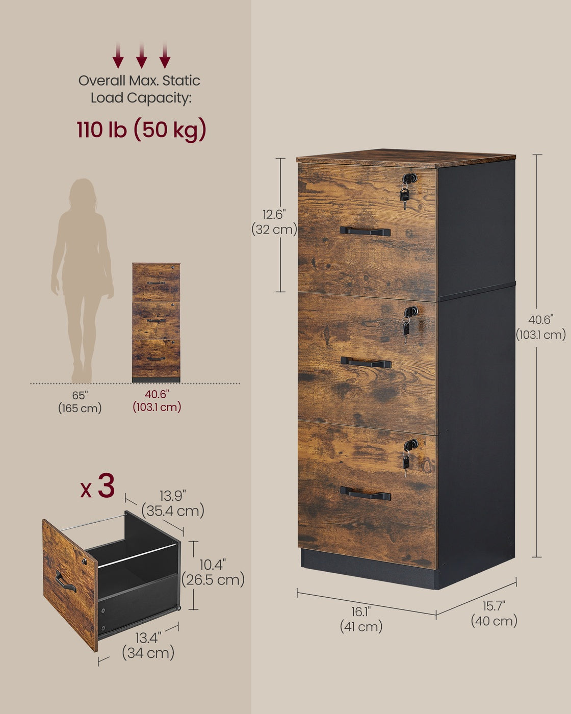 3-Drawer Vertical Lockable File Cabinet with Drawers - Rustic Brown, Black