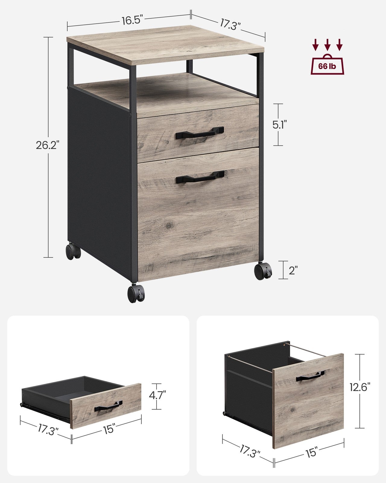File Cabinet - Mobile Filing Cabinet with Wheels - Heather Greige and Ink Black - Heather Greige, Ink Black