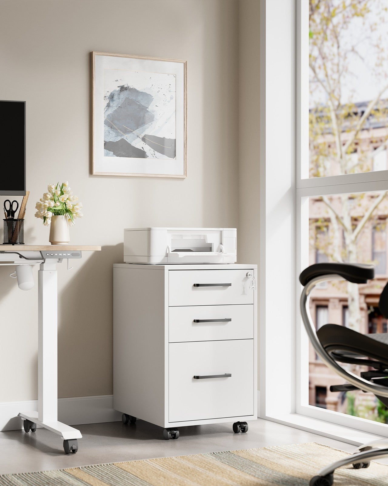 Office Filing Cabinet with Lock - Matte White