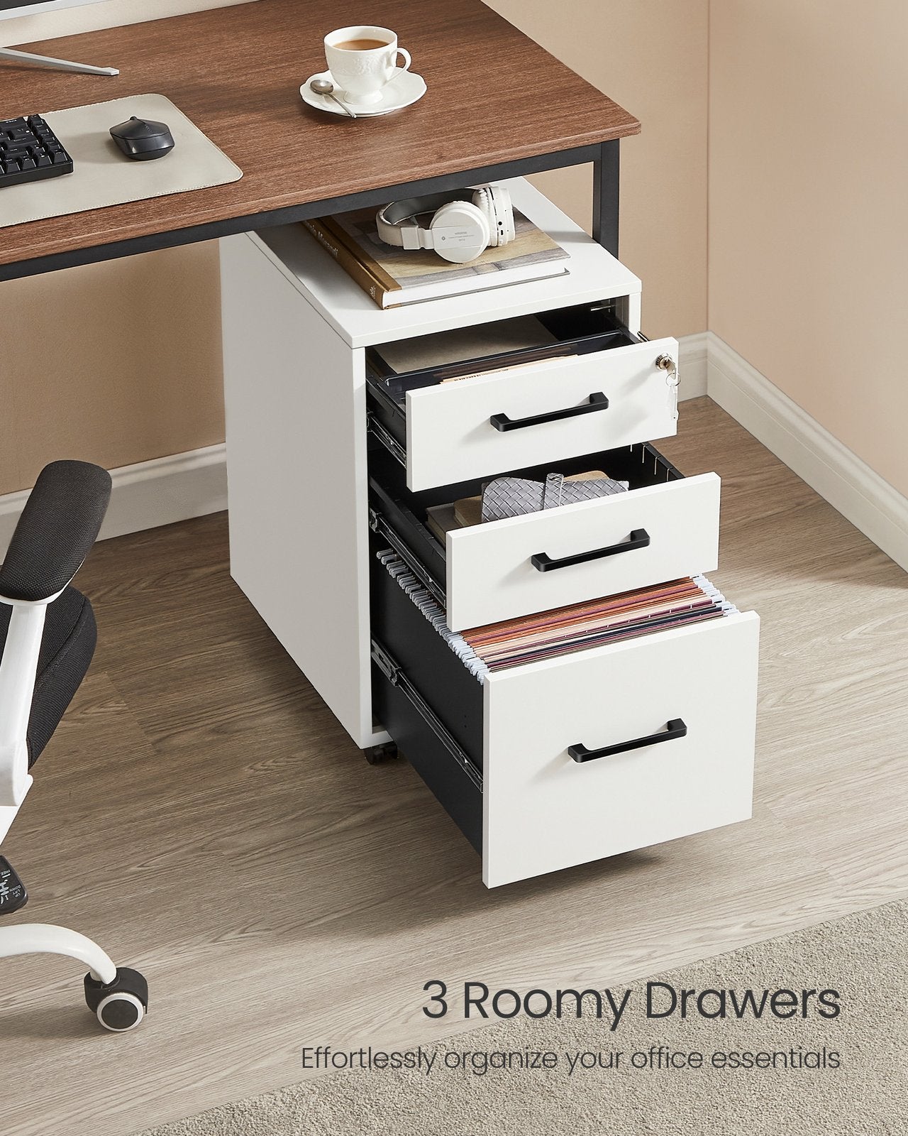 Office Filing Cabinet with Lock - Matte White
