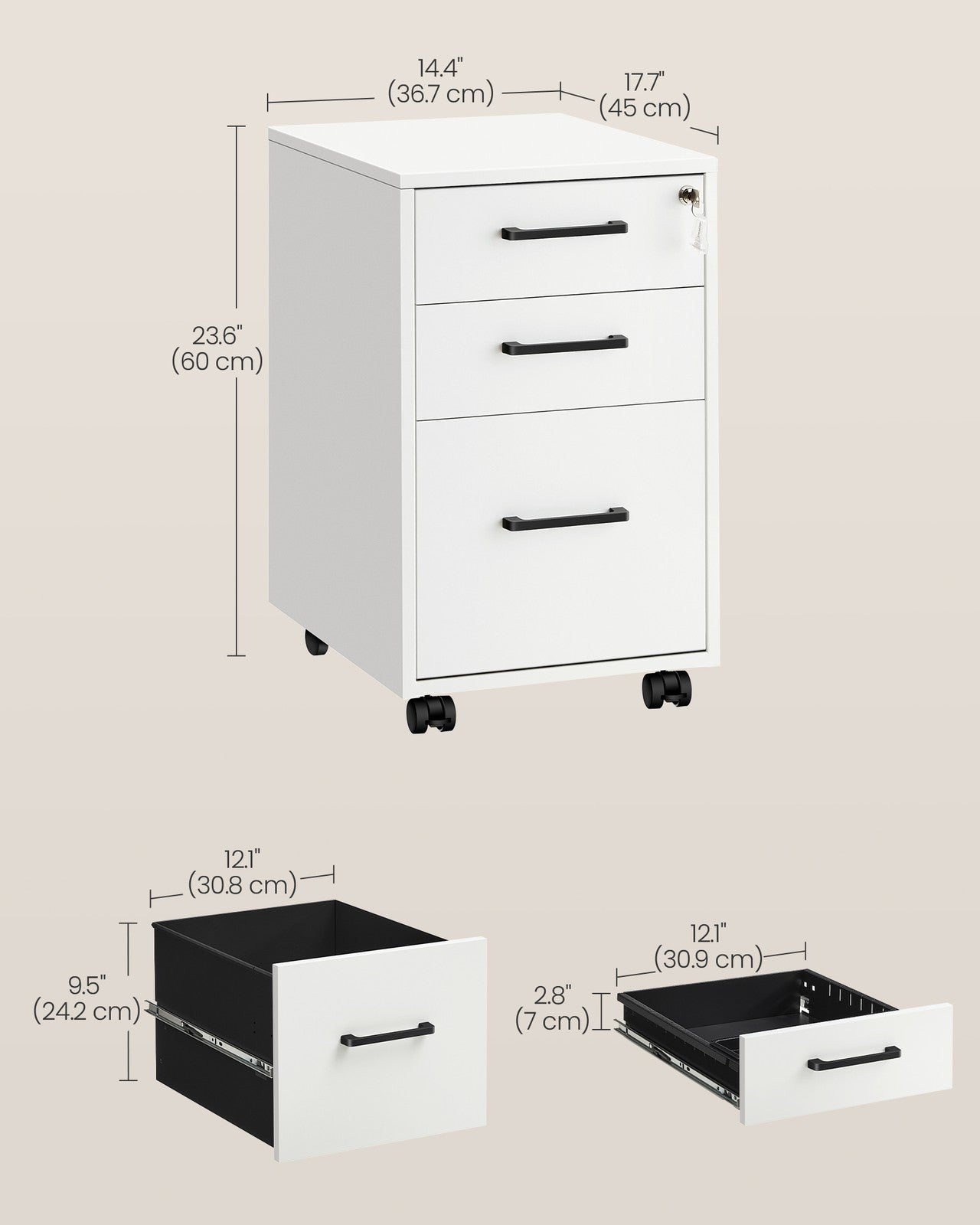 Office Filing Cabinet with Lock - Matte White