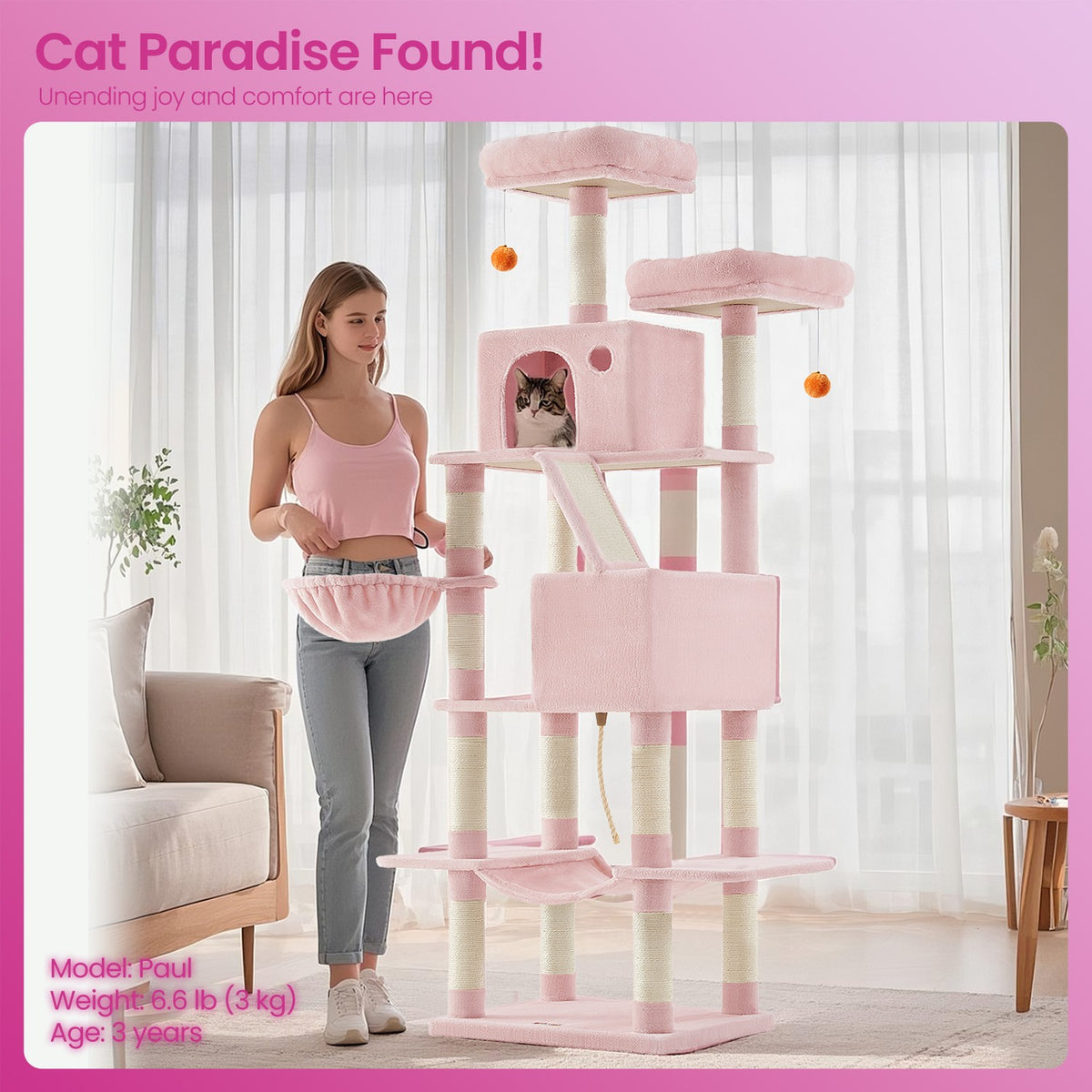 Large Cat Tree with Scratching Posts Hammock and Perches for Indoor Cats - Pink