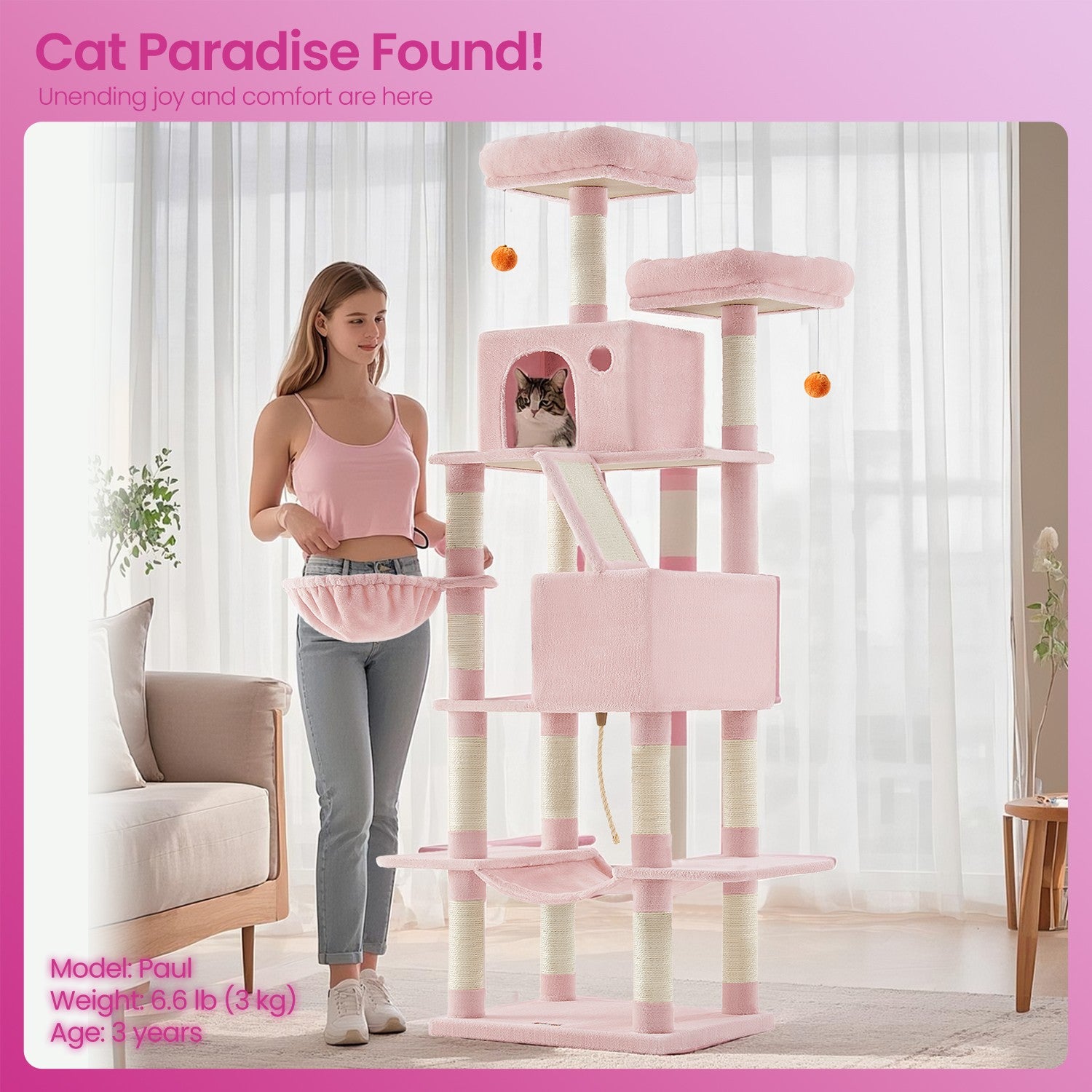Large Cat Tree with Scratching Posts Hammock and Perches for Indoor Cats - Pink