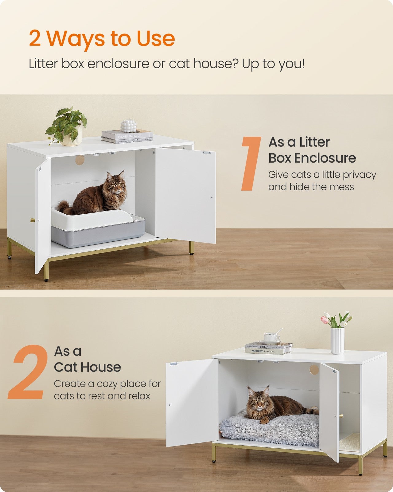 Litter Box Enclosure - 35.4 x 18.9 x 24.2 Inches - White and Gold