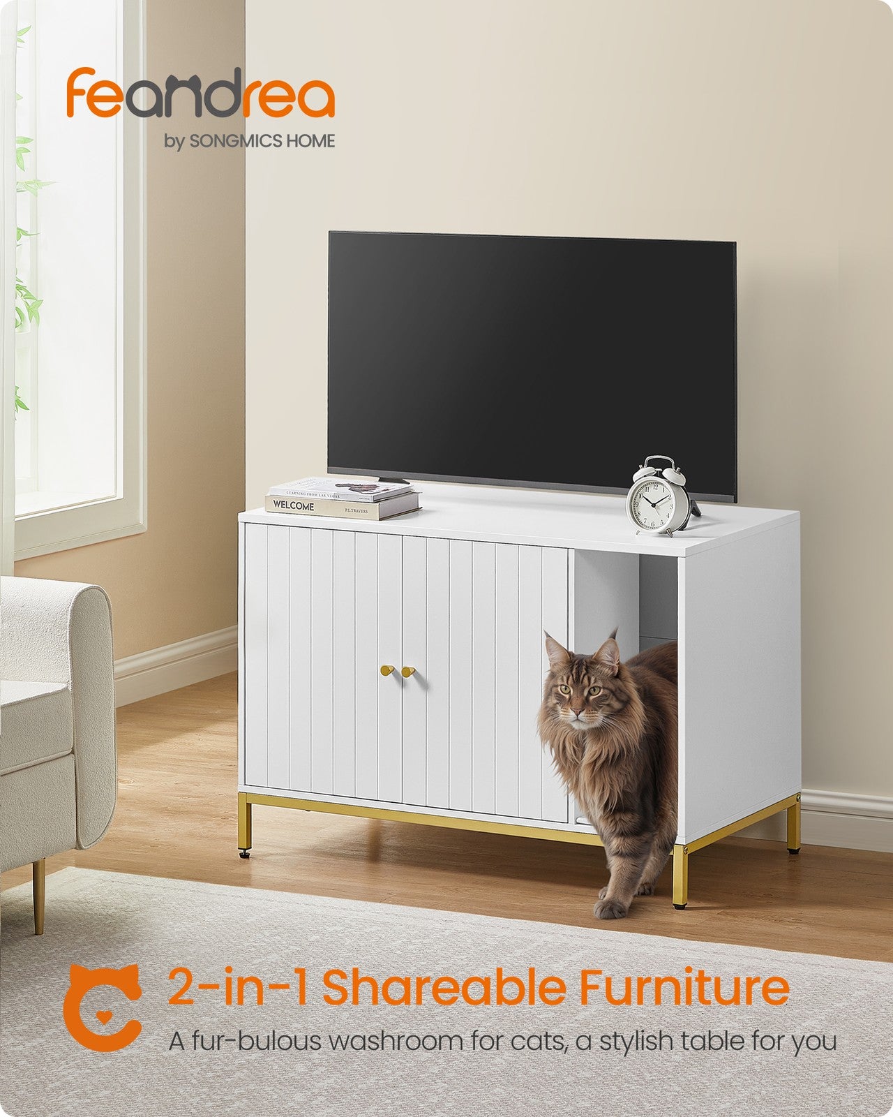 Litter Box Enclosure - 35.4 x 18.9 x 24.2 Inches - White and Gold