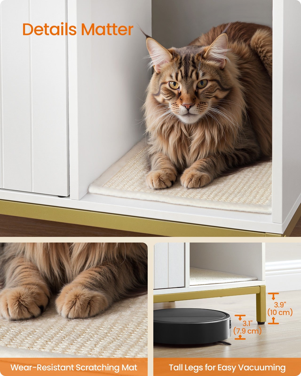 Litter Box Enclosure - 35.4 x 18.9 x 24.2 Inches - White and Gold