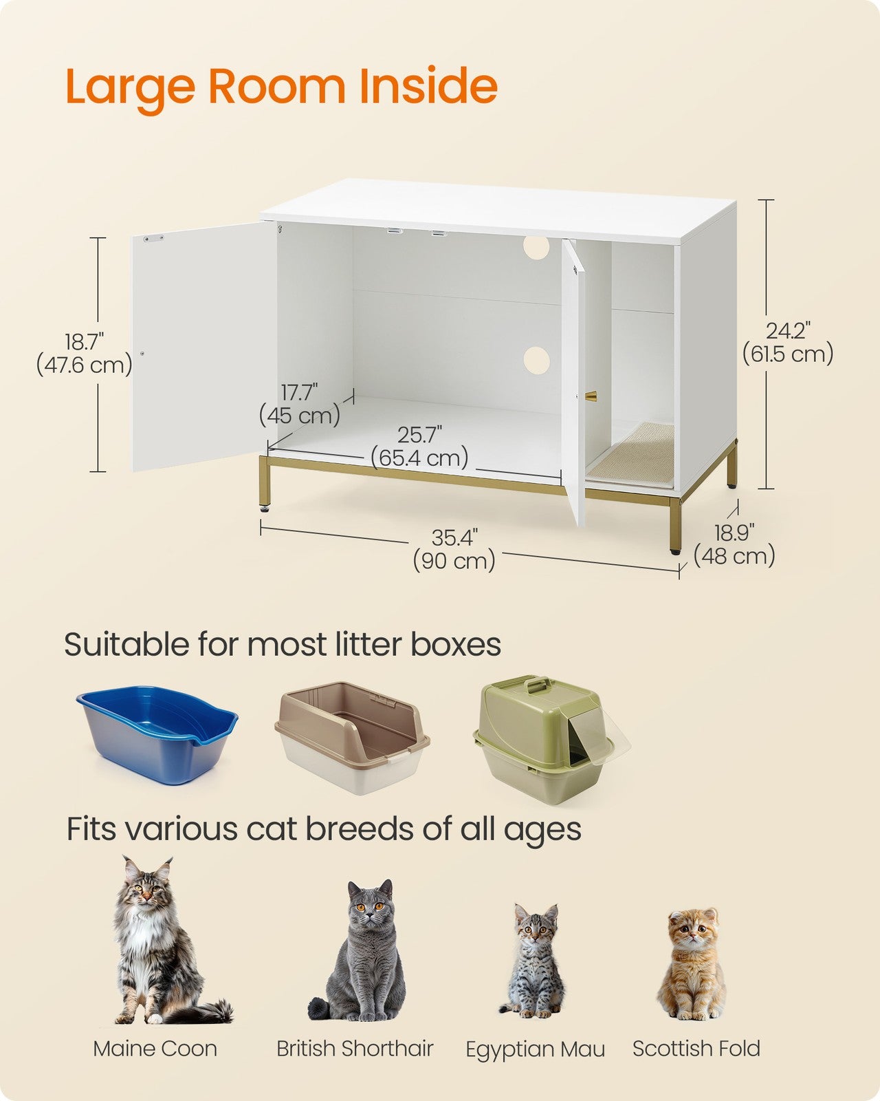 Litter Box Enclosure - 35.4 x 18.9 x 24.2 Inches - White and Gold