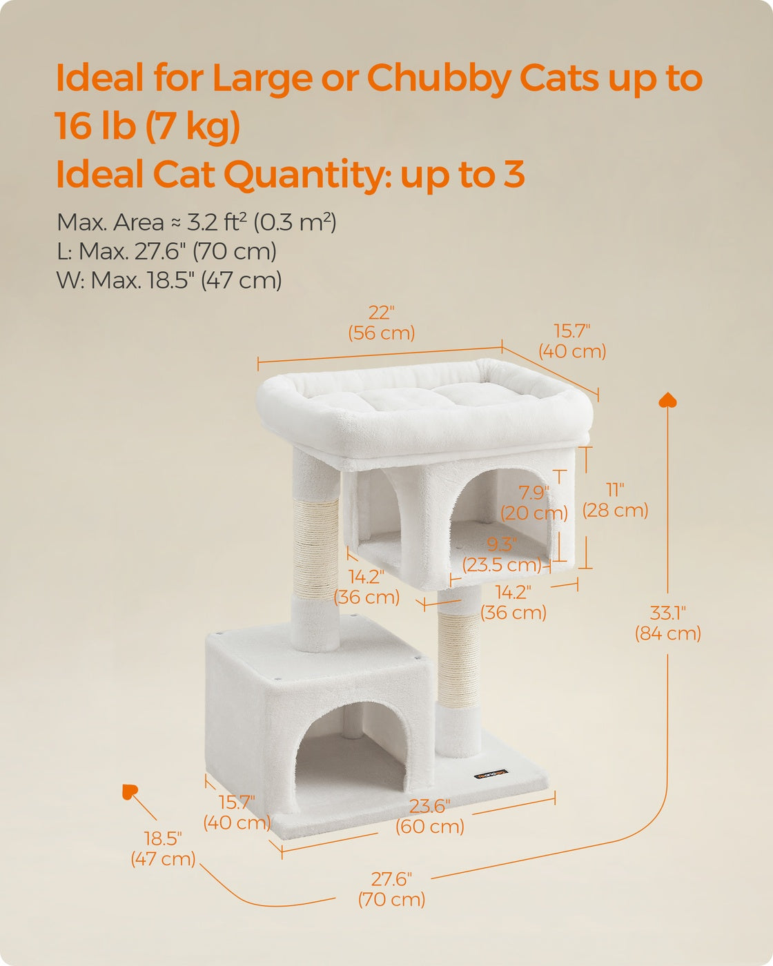 33.1-Inch Cat Tower for Large Cats Up to 16 Lb - Cream White