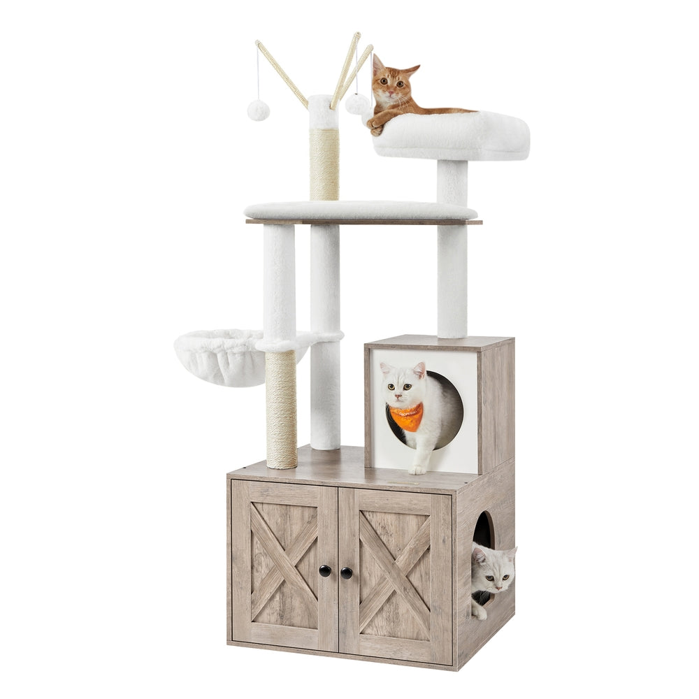 Cat Tree with Litter Box Enclosure - Greige