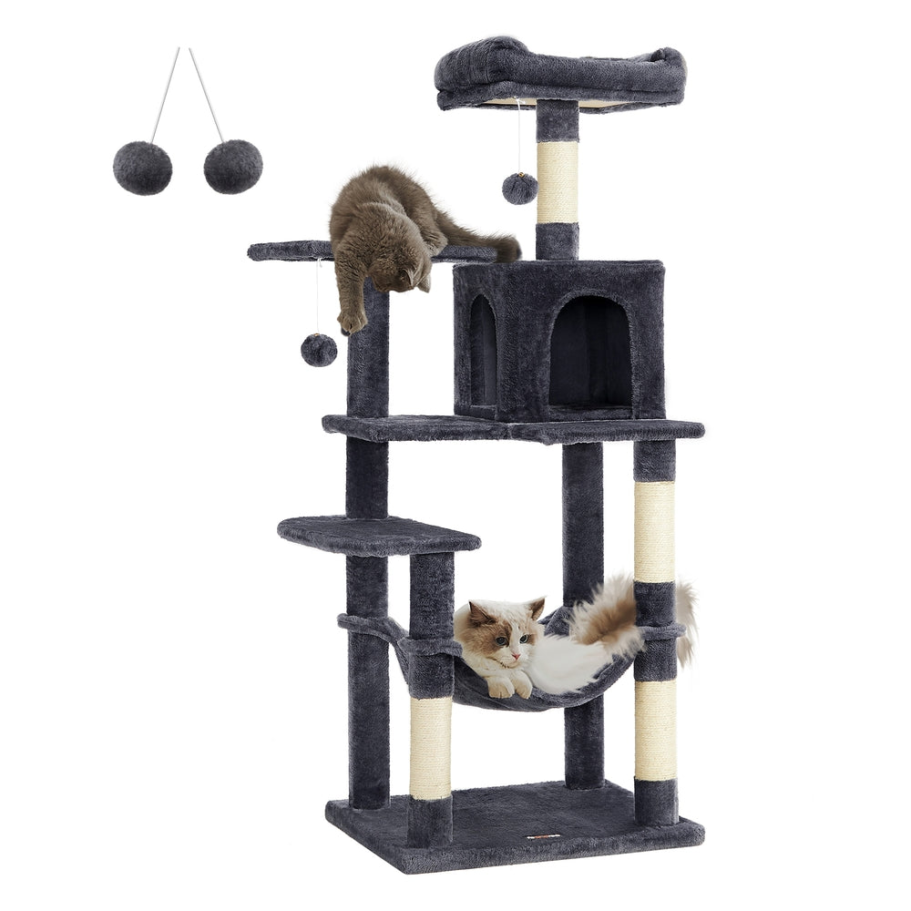 Cat Tree - 56.3-Inch Cat Tower for Indoor Cats - Multi-Level Cat Condo with 4 Scratching Posts Beige - Smoky Gray - 21.7"L x 17.7"W x 56.3"H