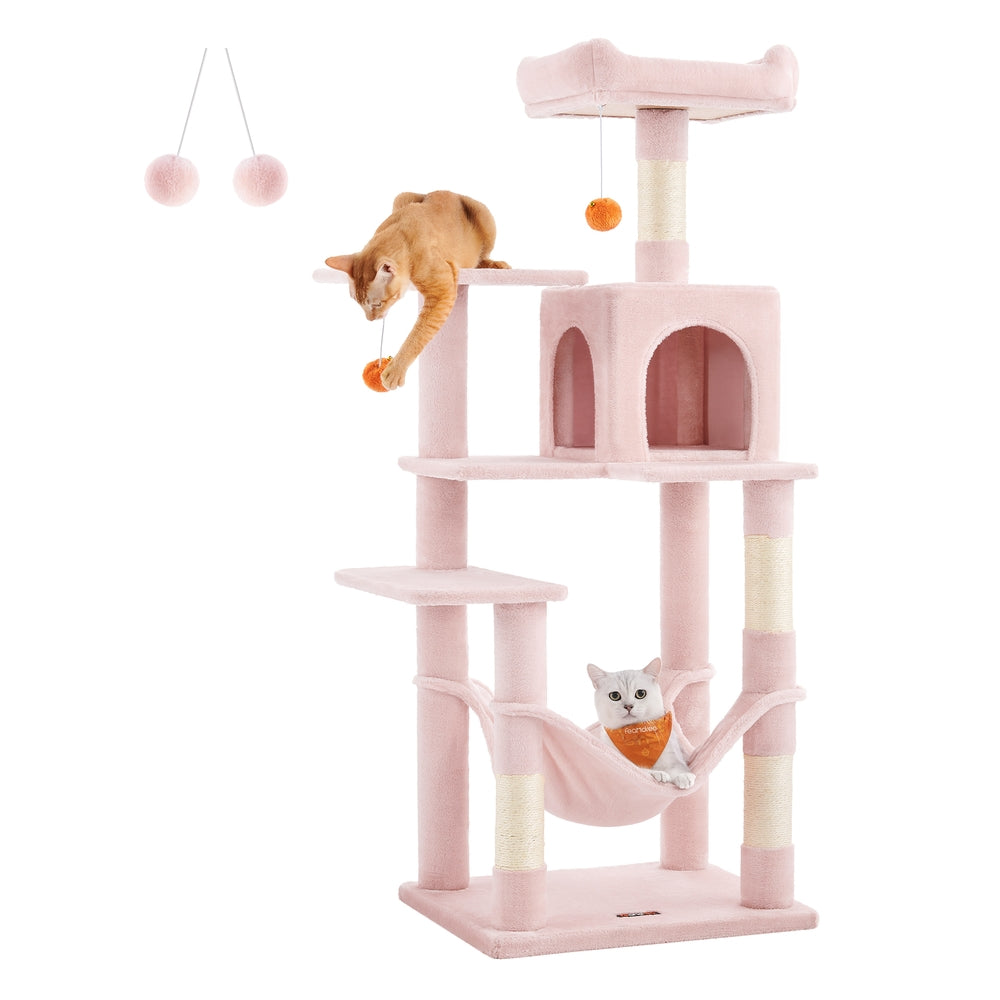 Cat Tree - 56.3-Inch Cat Tower for Indoor Cats - Multi-Level Cat Condo with 4 Scratching Posts Beige - Jelly Pink - 21.7"L x 17.7"W x 55.1"H