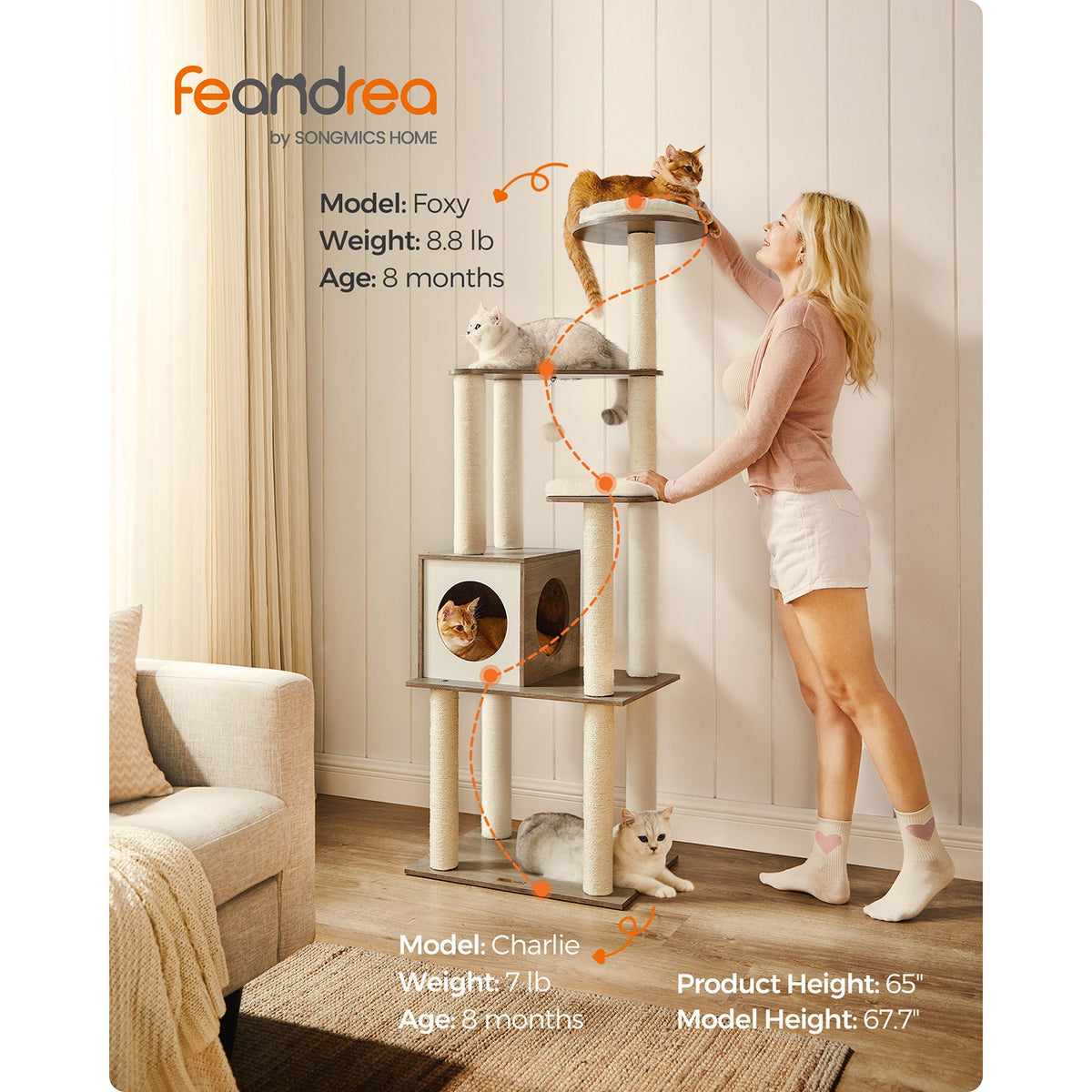 65-Inch Modern Cat Tower - Greige